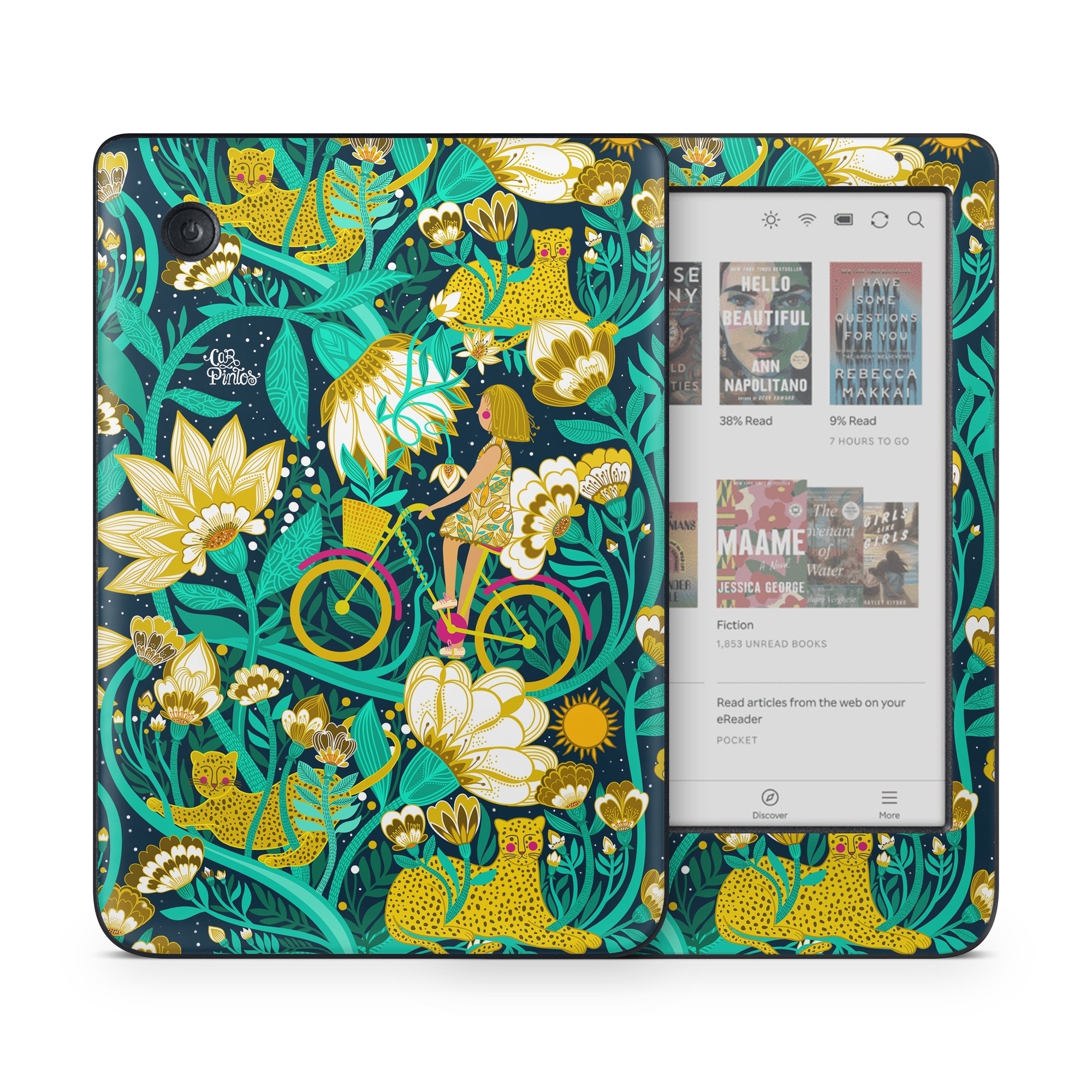 Kobo Clara Colour Skin design of Green, Rectangle, Plant, Aqua, Pattern, Electric blue, Art, Motif, Design, Visual arts, with green, black, blue, yellow, pink, white, red, brown colors