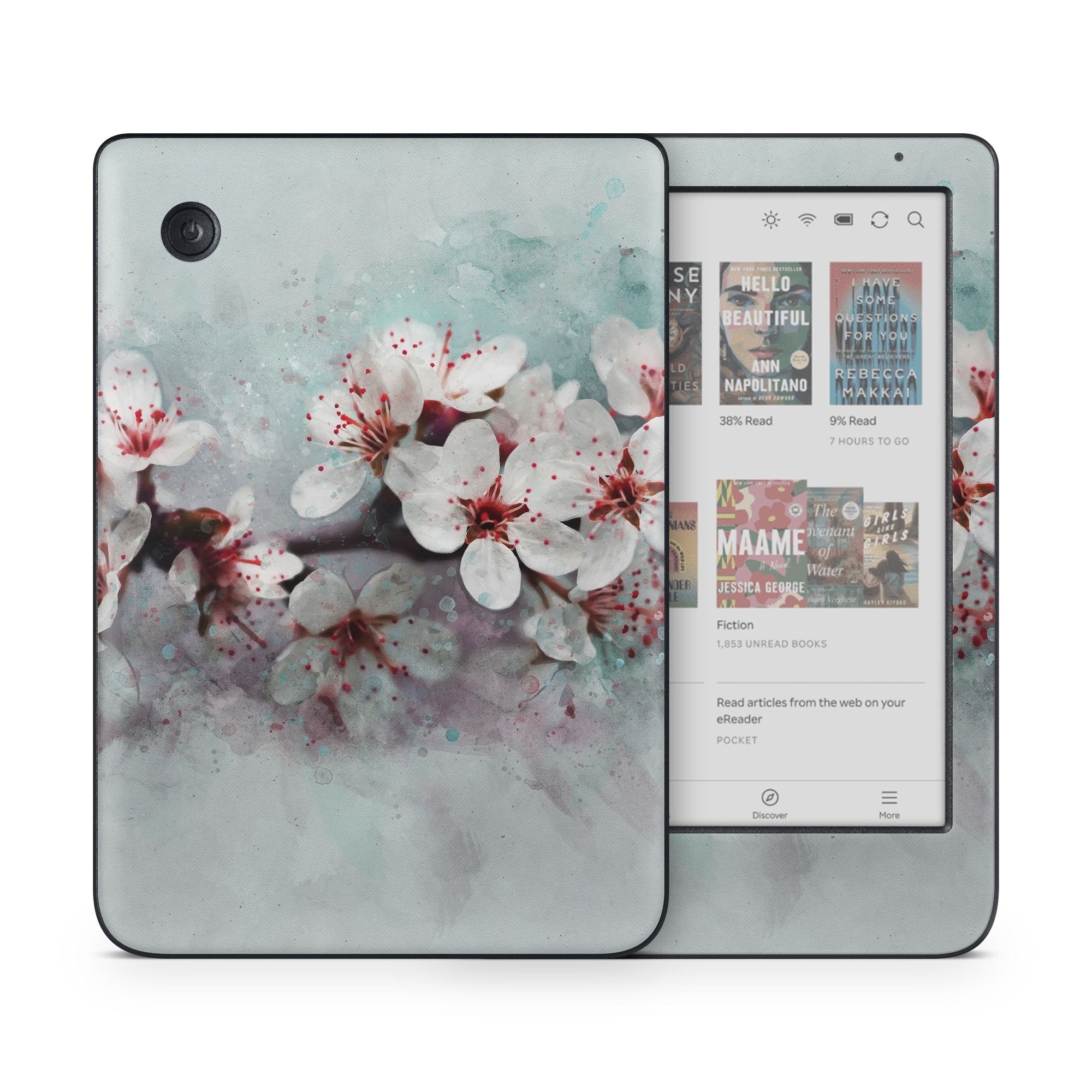 Kobo Clara Colour Skin design of Blossom, Flower, Cherry blossom, Watercolor paint, Plant, Spring, Pink, Petal, Branch, Painting, with white, gray, red, pink, purple, blue colors