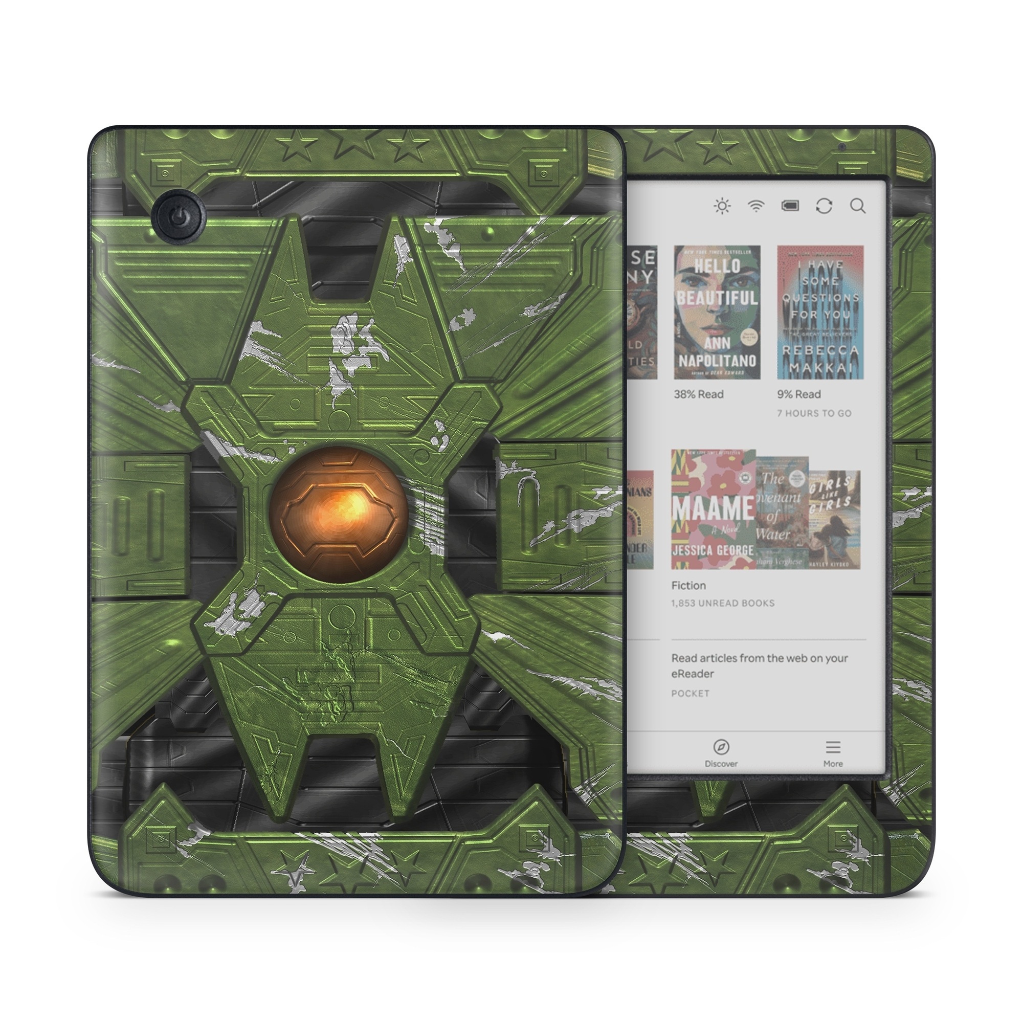 Kobo Clara Colour Skin design of Green, Fictional character, Games, Fiction, Pc game, Illustration, Strategy video game, Digital compositing, Art, Screenshot, with green, yellow, orange, black colors