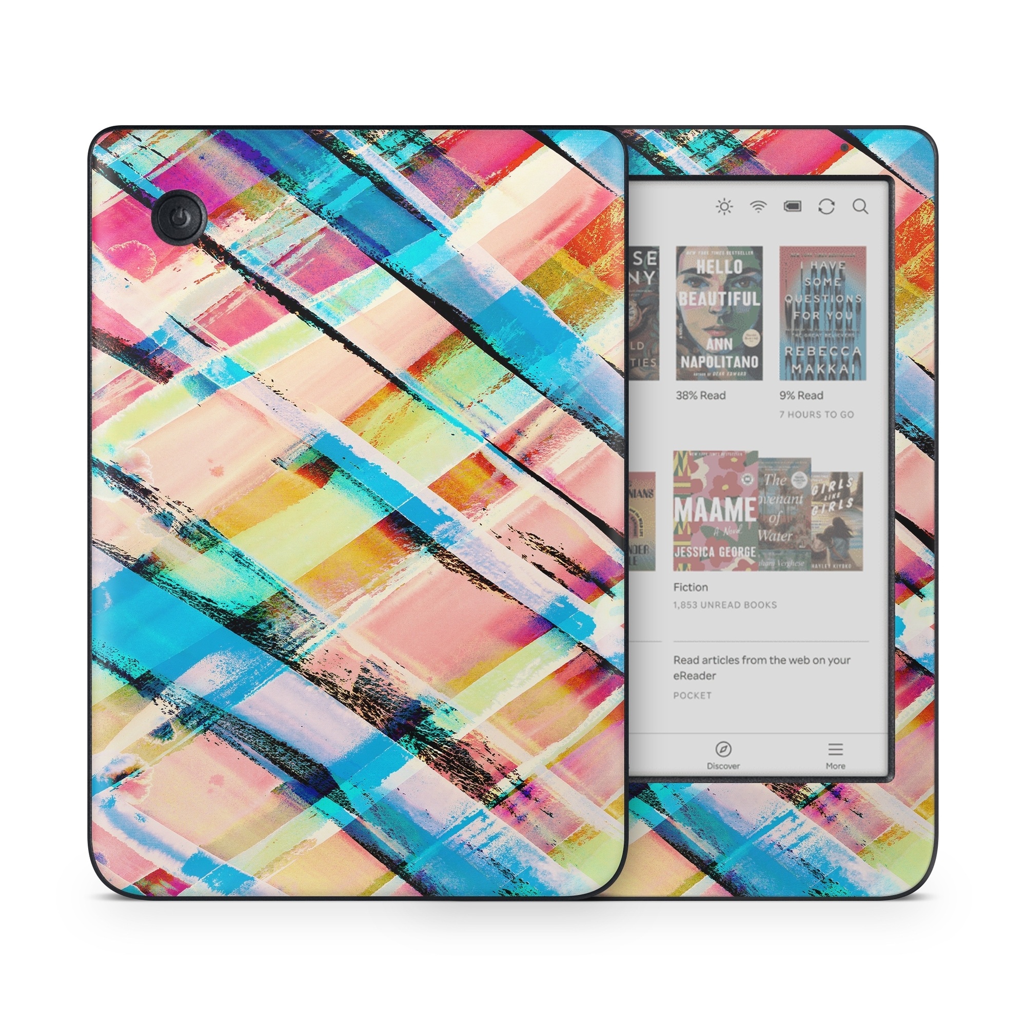 Kobo Clara Colour Skin design of Line, Pattern, Turquoise, Plaid, Orange, Colorfulness, Design, Textile, Tints and shades, with blue, pink, red, purple, yellow, orange colors
