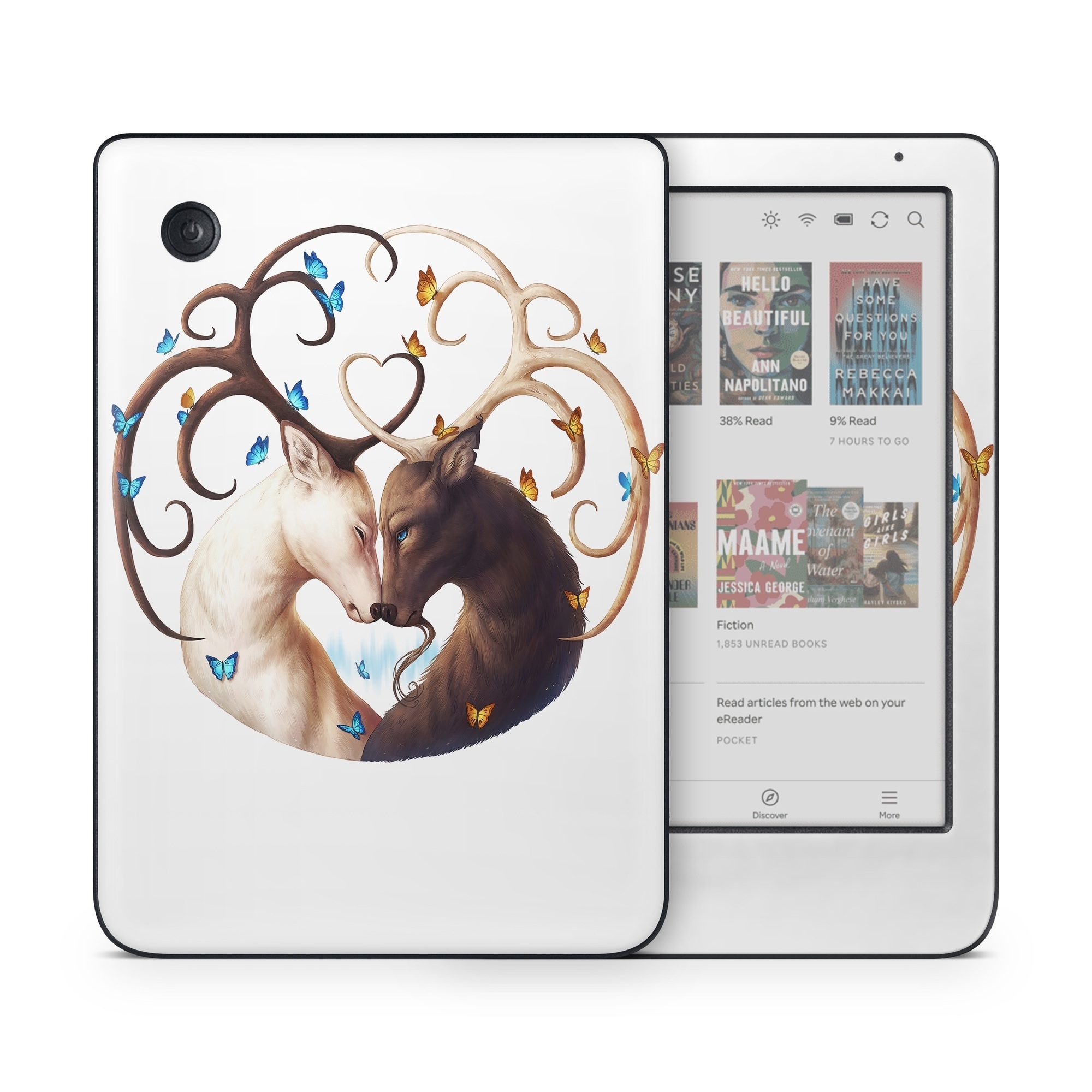 Kobo Clara Colour Skin design of Gesture, Fawn, Serveware, Horn, Font, Art, Mythical creature, Dishware, Tail, Drinkware, with white, brown, blue, yellow, orange colors