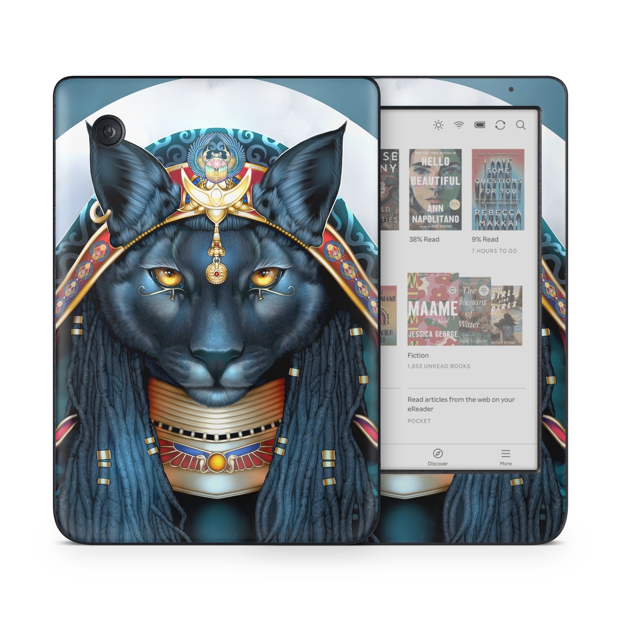 Kobo Clara Colour Skin design of Jaw, Font, Whiskers, Toy, Snout, Personal protective equipment, Fictional character, Electric blue, Graphics, Mask, with black, white, red, blue, yellow, orange colors