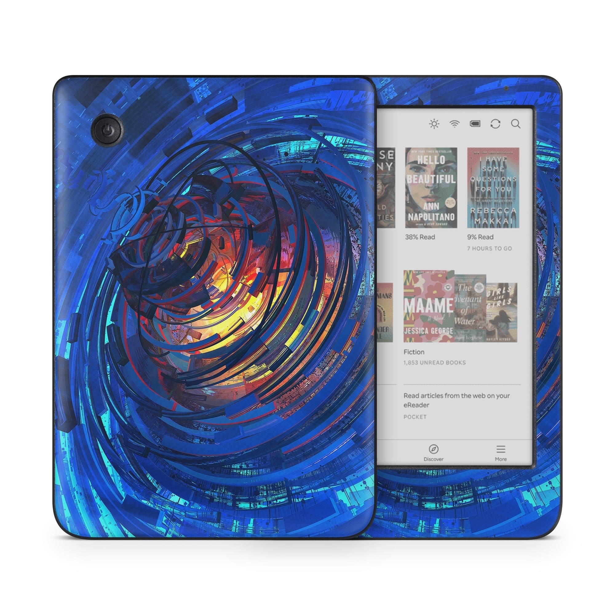 Kobo Clara Colour Skin design of Blue, Water, Circle, Vortex, Electric blue, Wave, Liquid, Graphics, Pattern, Colorfulness, with blue, orange, yellow colors