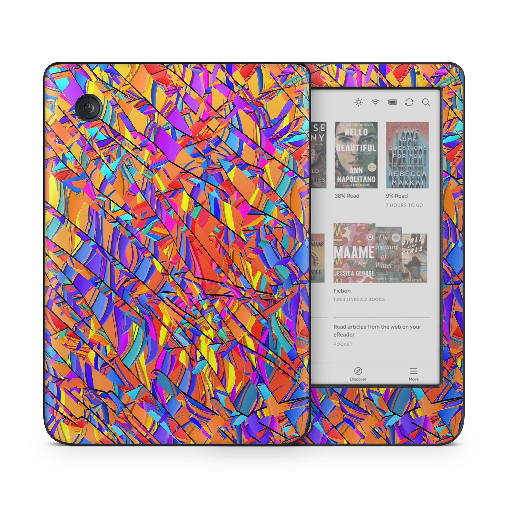 Kobo Clara Colour Skin design of Pattern, Psychedelic art, Line, Visual arts, Art, with orange, yellow, blue, purple, pink colors