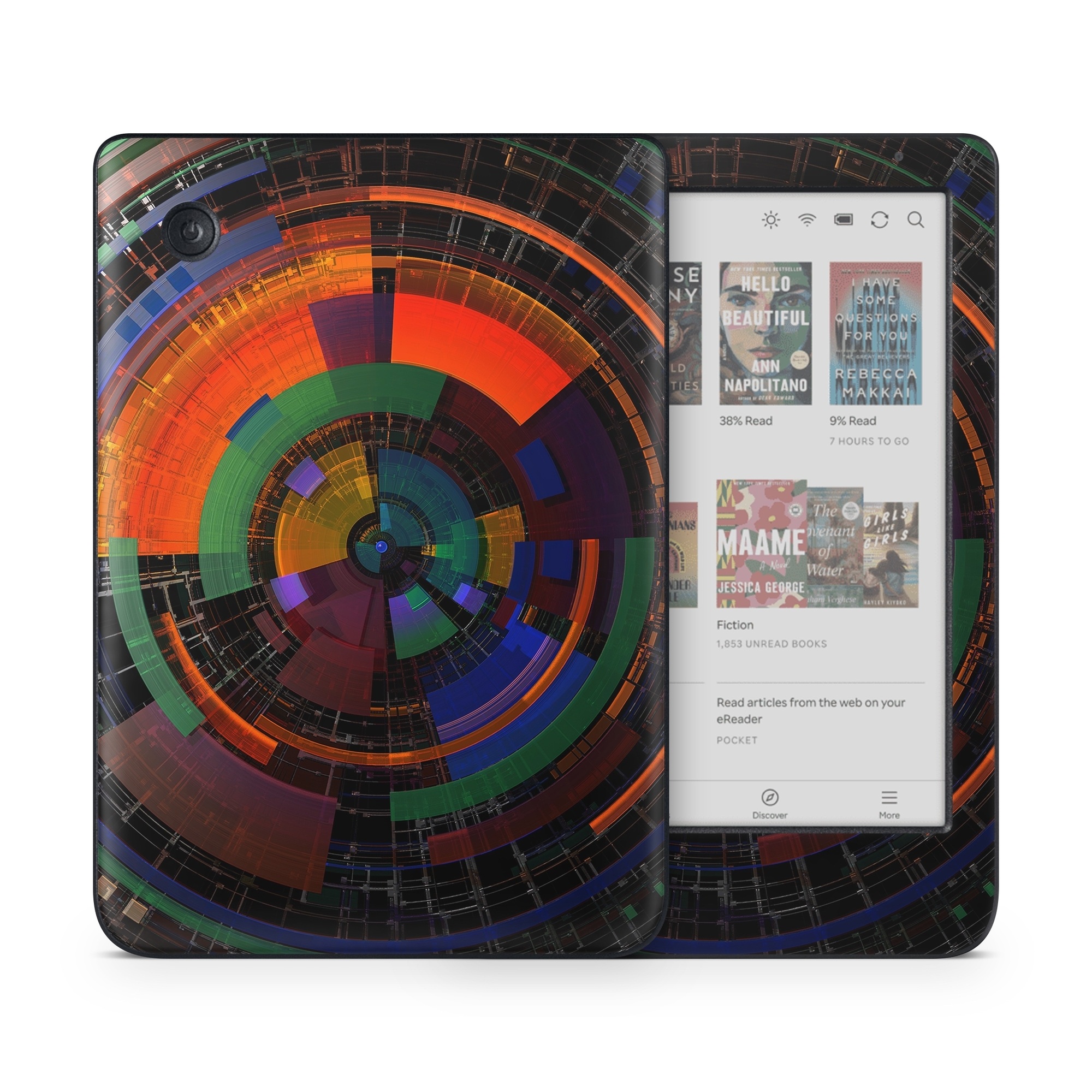 Kobo Clara Colour Skin design of Colorfulness, Pattern, Circle, Design, Architecture, Symmetry, Art, Spiral, Psychedelic art, with black, red, blue, green, orange, brown colors