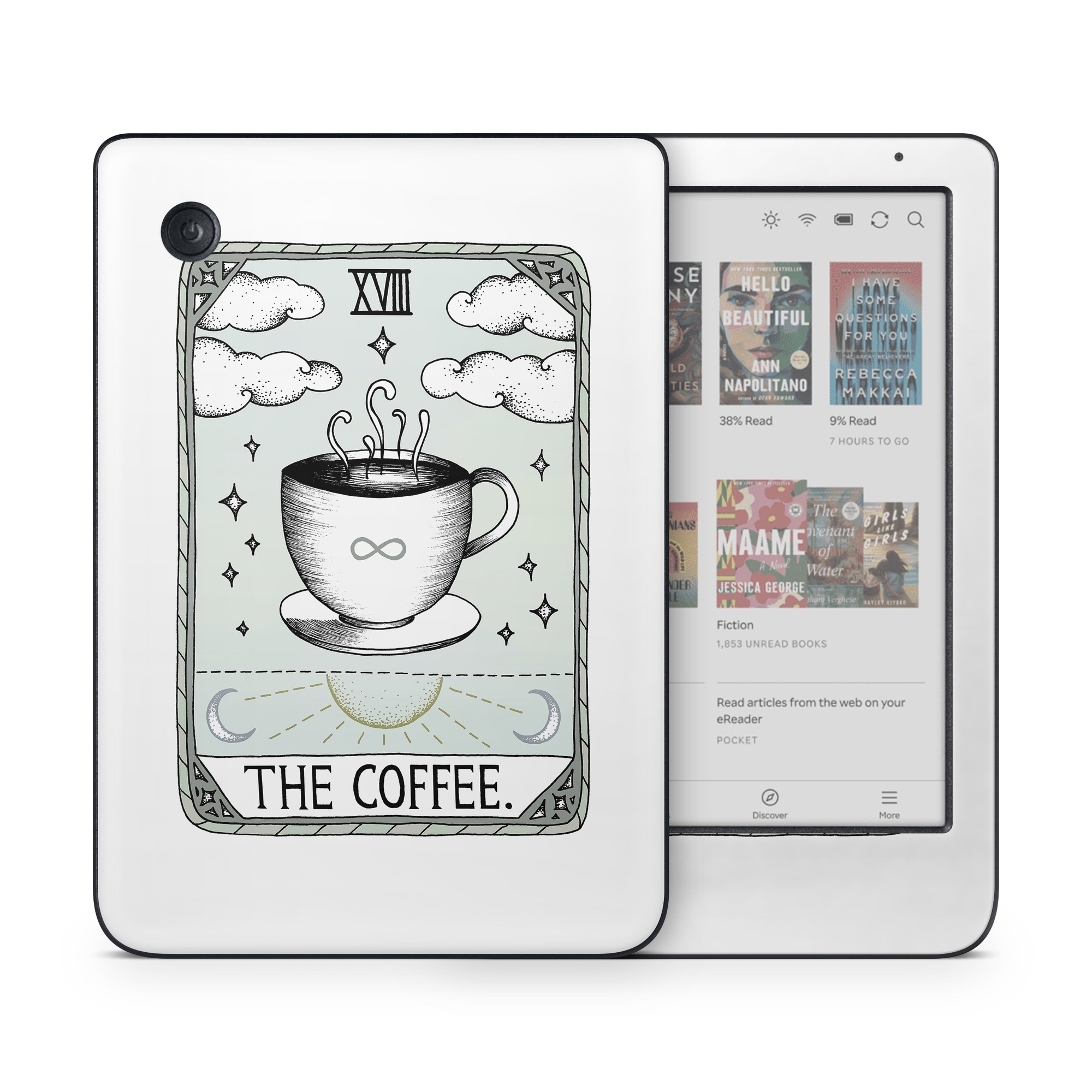 Kobo Clara Colour Skin design of Cup, Cartoon, Drinkware, Coffee cup, Tableware, Teacup, Illustration, Drink, Line art, with white, black, green, gray, yellow colors