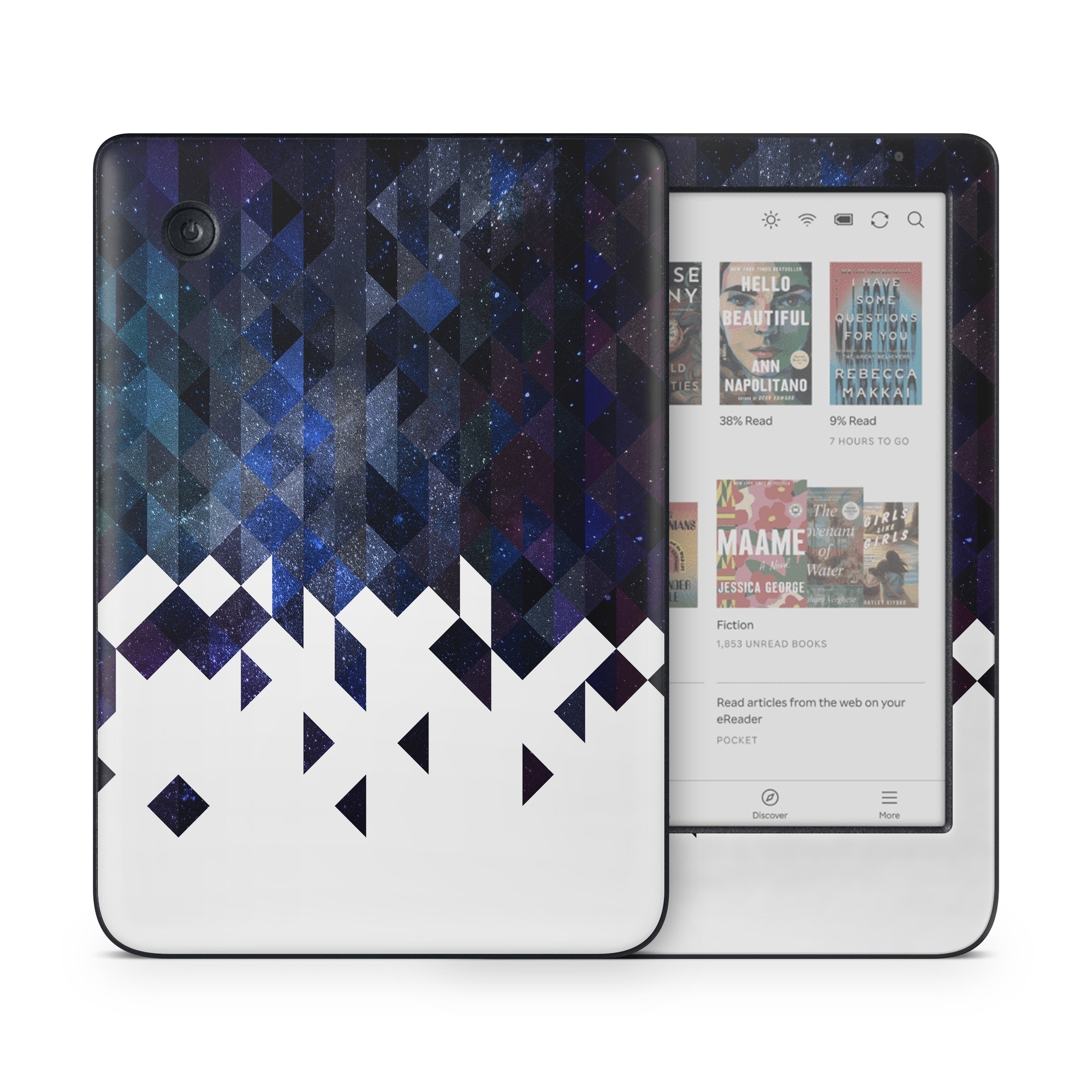 Kobo Clara Colour Skin design of Text, Pattern, Graphic design, Font, Purple, Design, Line, Triangle, Logo, Graphics, with black, blue, white colors