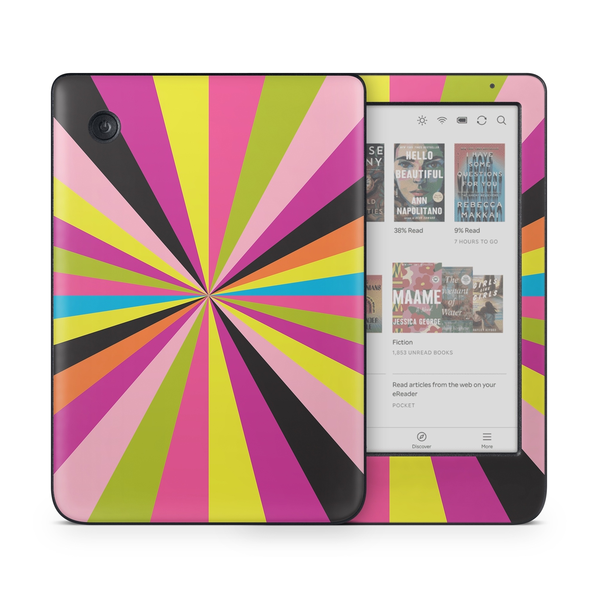 Kobo Clara Colour Skin design of Colorfulness, Material property, Magenta, Symmetry, Tints and shades, Creative arts, Pattern, Electric blue, Art, Design, with black, pink, yellow, purple, green, blue, orange colors