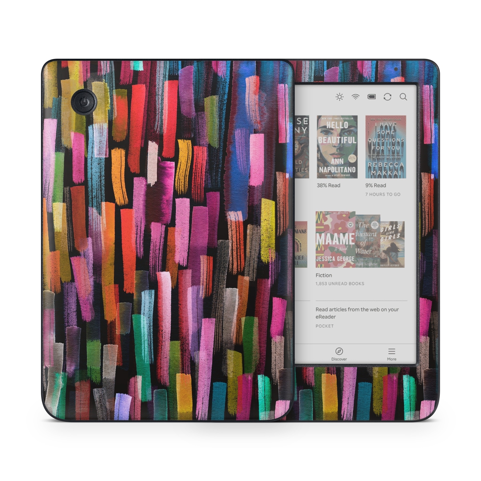 Kobo Clara Colour Skin design of Colorfulness, Textile, Art, Wood, Line, Material property, Font, Pattern, Tints and shades, Magenta, with black, blue, green, red, pink, yellow, orange, white, gray colors