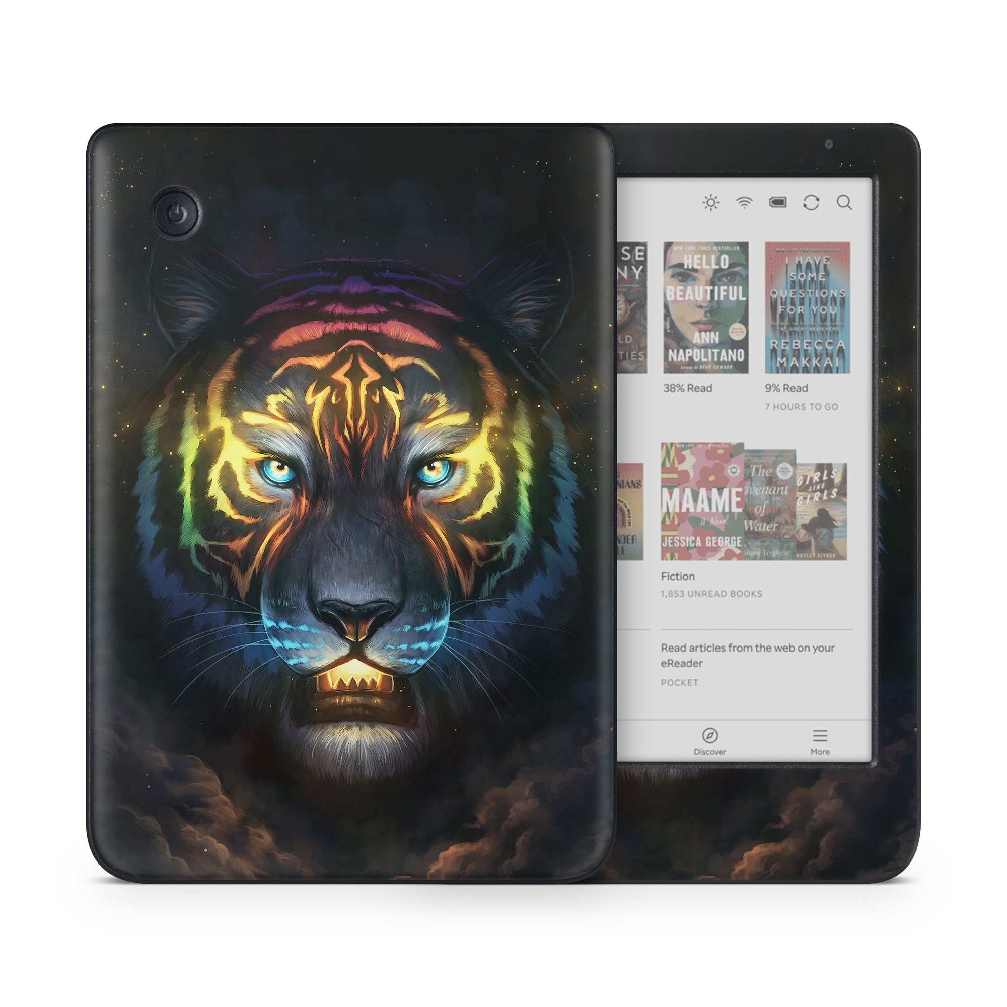 Kobo Clara Colour Skin design of Felidae, Vertebrate, Carnivore, Organism, Painting, Roar, Bengal tiger, Big cats, Art, Whiskers, with black, yellow, orange, red, green, purple, blue colors