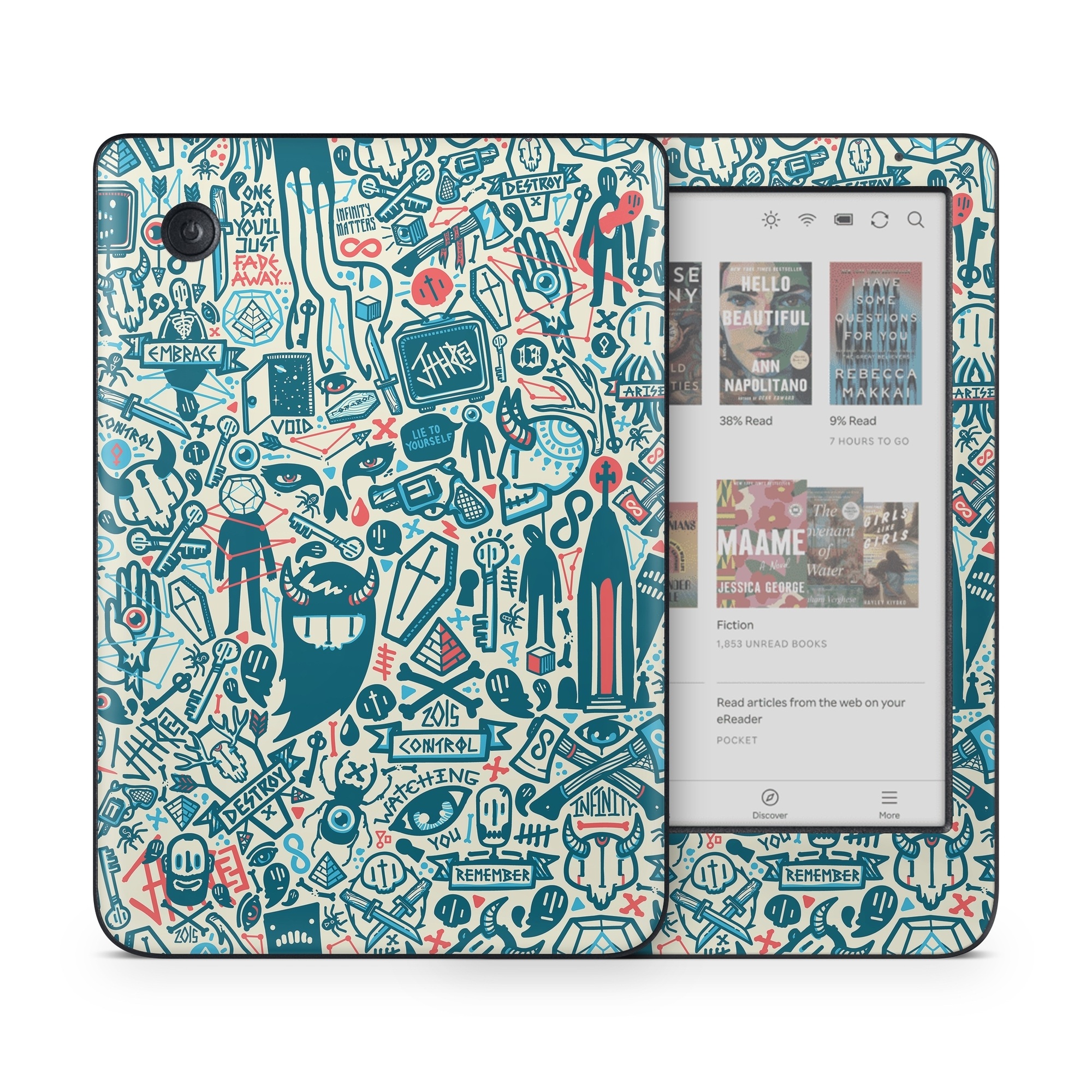 Kobo Clara Colour Skin design of Pattern, Psychedelic art, Turquoise, Art, Design, Visual arts, Line, Drawing, Doodle, Graphic design, with white, green, blue, red colors