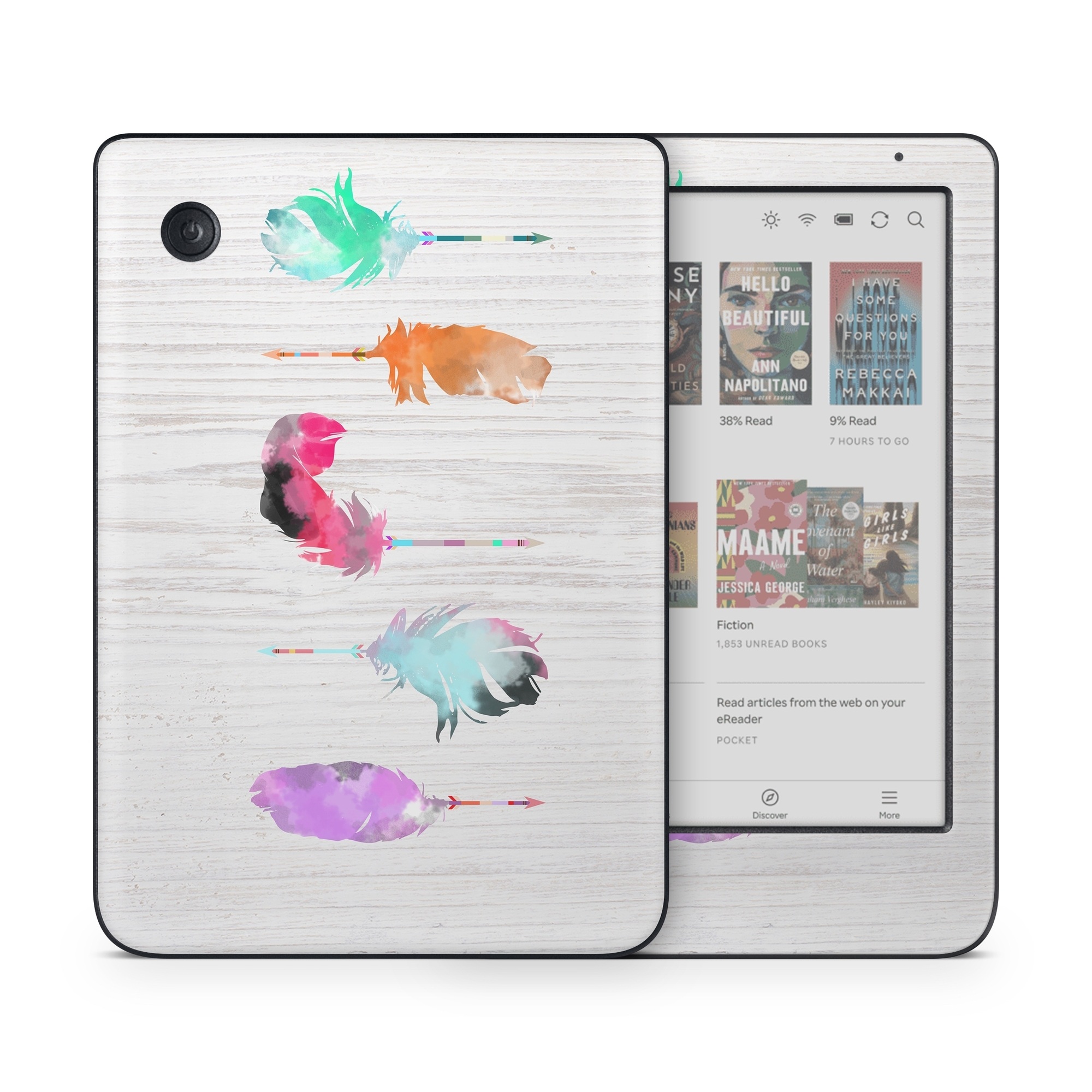 Kobo Clara Colour Skin design of Pink, Watercolor paint, Illustration, Feather, Design, Art, Painting, Graphic design, Visual arts, Drawing, with white, orange, red, blue, pink, purple, green colors