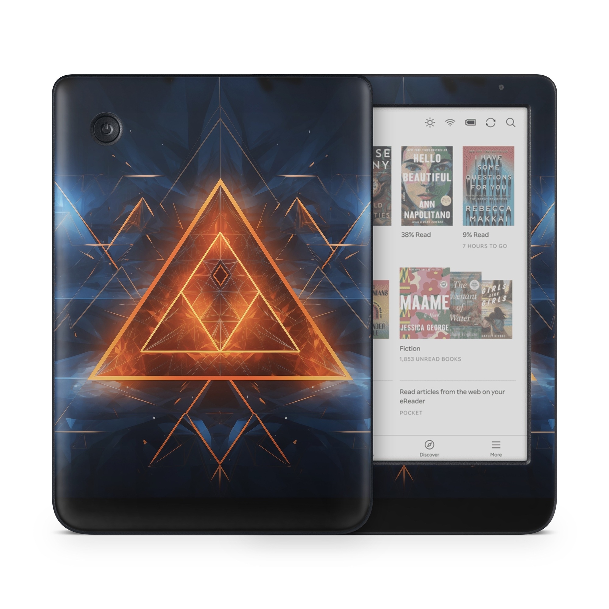 Kobo Clara Colour Skin design of Sky, Atmosphere, Water, Triangle, Cloud, Electricity, Astronomical object, Tree, Star, Font, with black, white, orange, yellow, red, blue colors