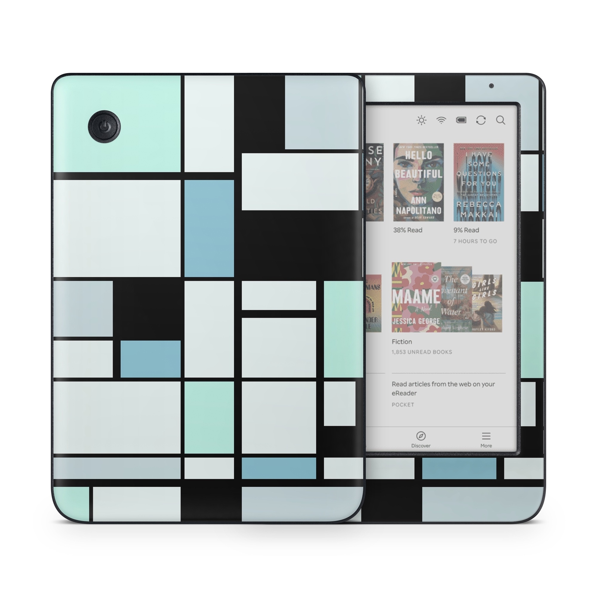 Kobo Clara Colour Skin design of Blue, Line, Turquoise, Pattern, Rectangle, Design, Parallel, Square, Symmetry, Tints and shades, with black, blue, green colors