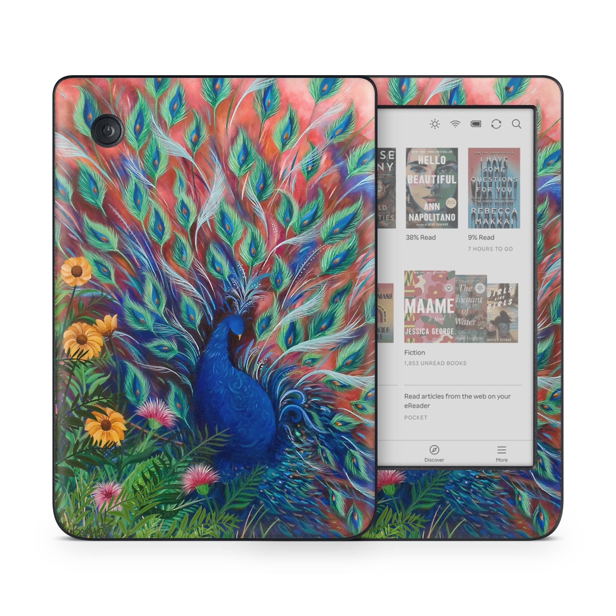 Kobo Clara Colour Skin design of Painting, Acrylic paint, Bird, Child art, Art, Galliformes, Peafowl, Visual arts, Watercolor paint, Plant, with black, red, gray, blue, green colors