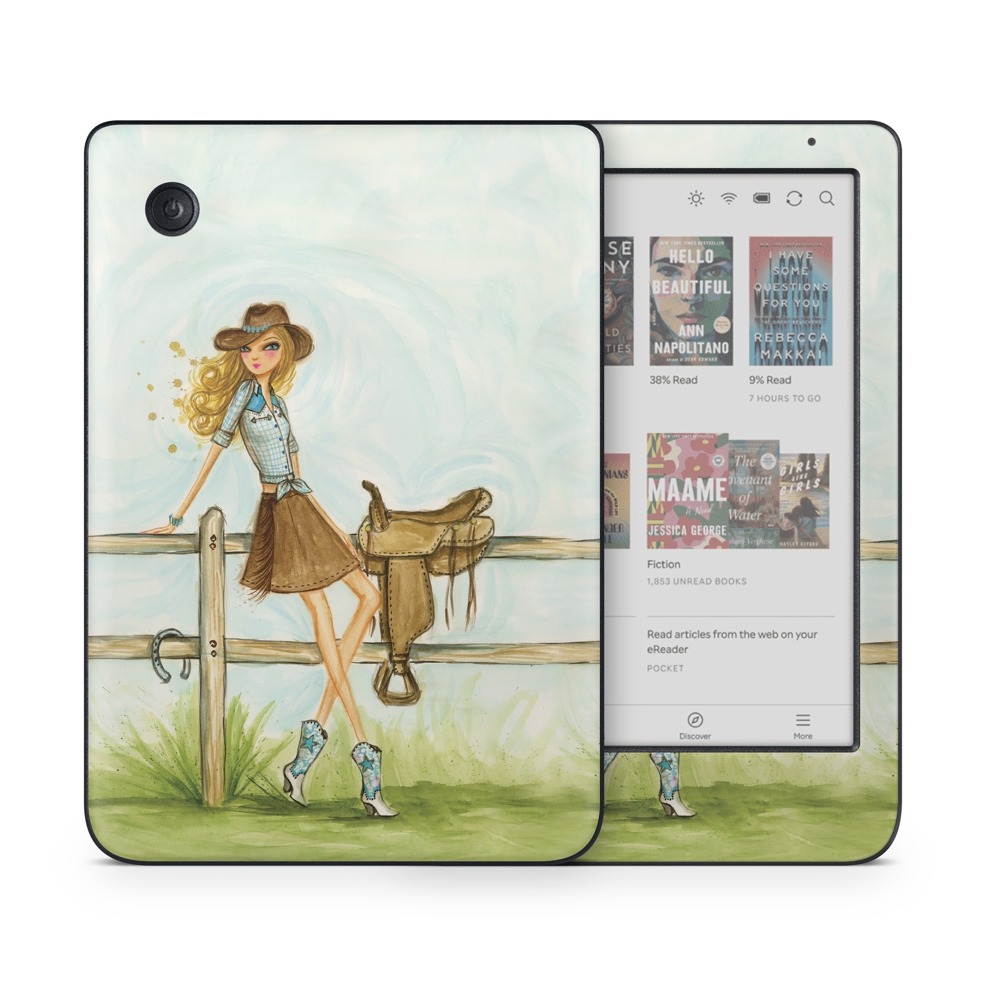 Kobo Clara Colour Skin design of Cartoon, Illustration, Art, Watercolor paint, Footwear, Fashion illustration, Grass, Drawing, Painting, Plant, with gray, green, red, black colors