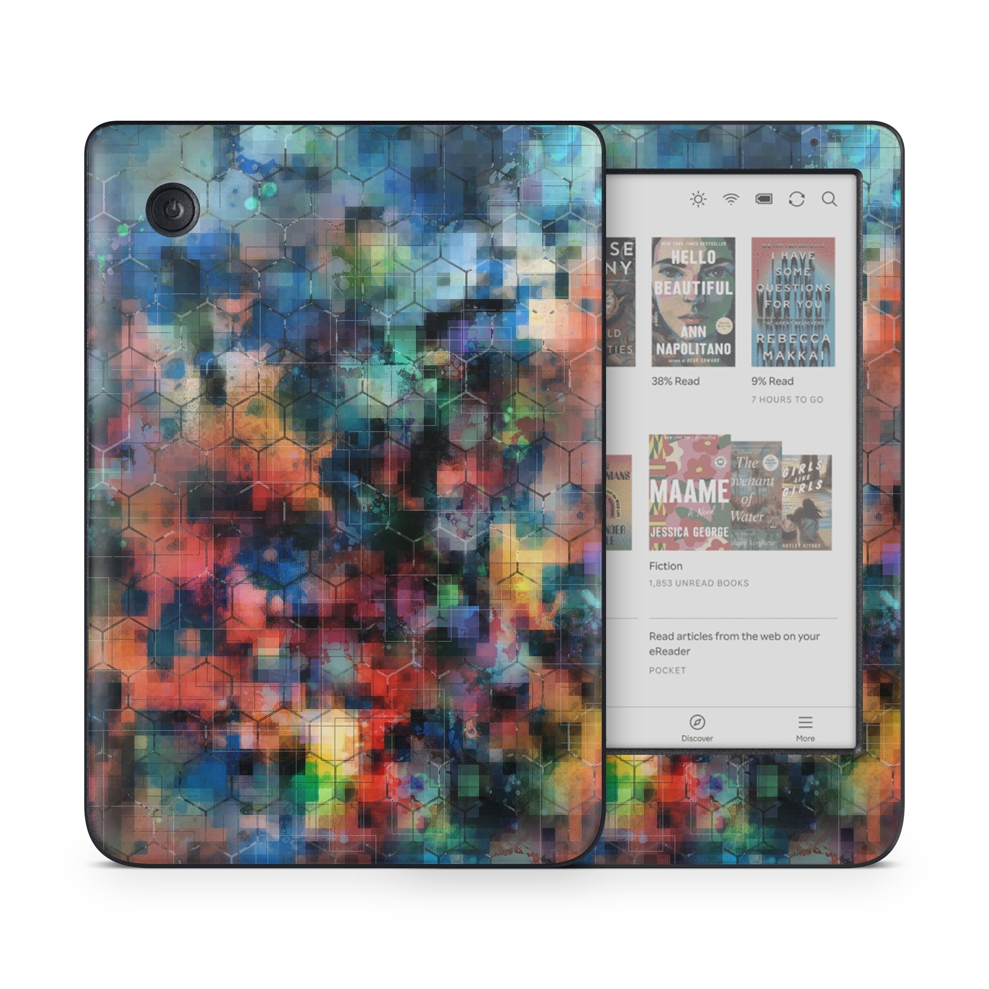 Kobo Clara Colour Skin design of Blue, Colorfulness, Pattern, Psychedelic art, Art, Sky, Design, Textile, Dye, Modern art, with black, blue, red, gray, green colors