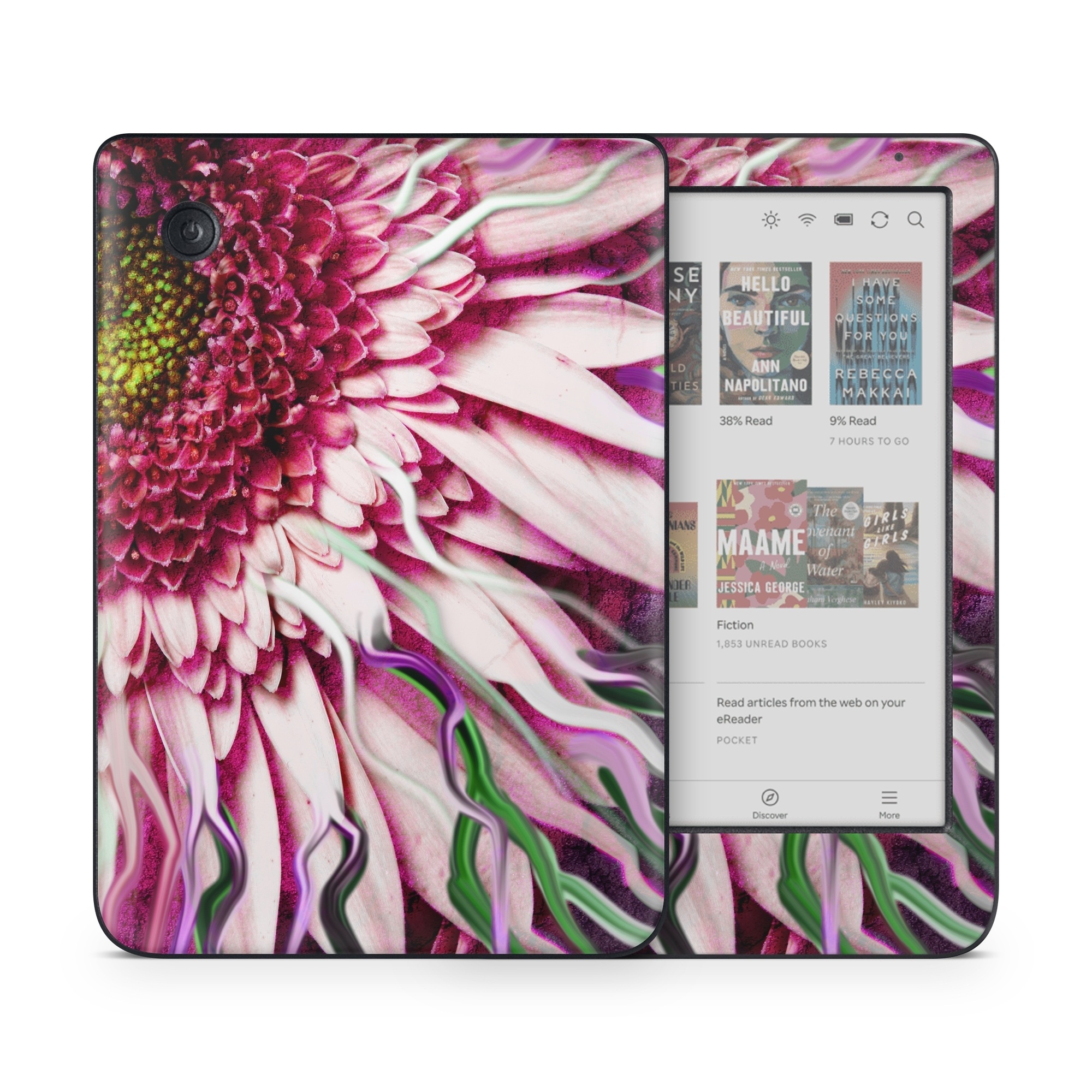 Kobo Clara Colour Skin design of Flowering plant, Flower, Petal, Plant, Purple, Pink, Gazania, Violet, Gerbera, Chrysanths, with black, gray, red, purple, pink, white colors