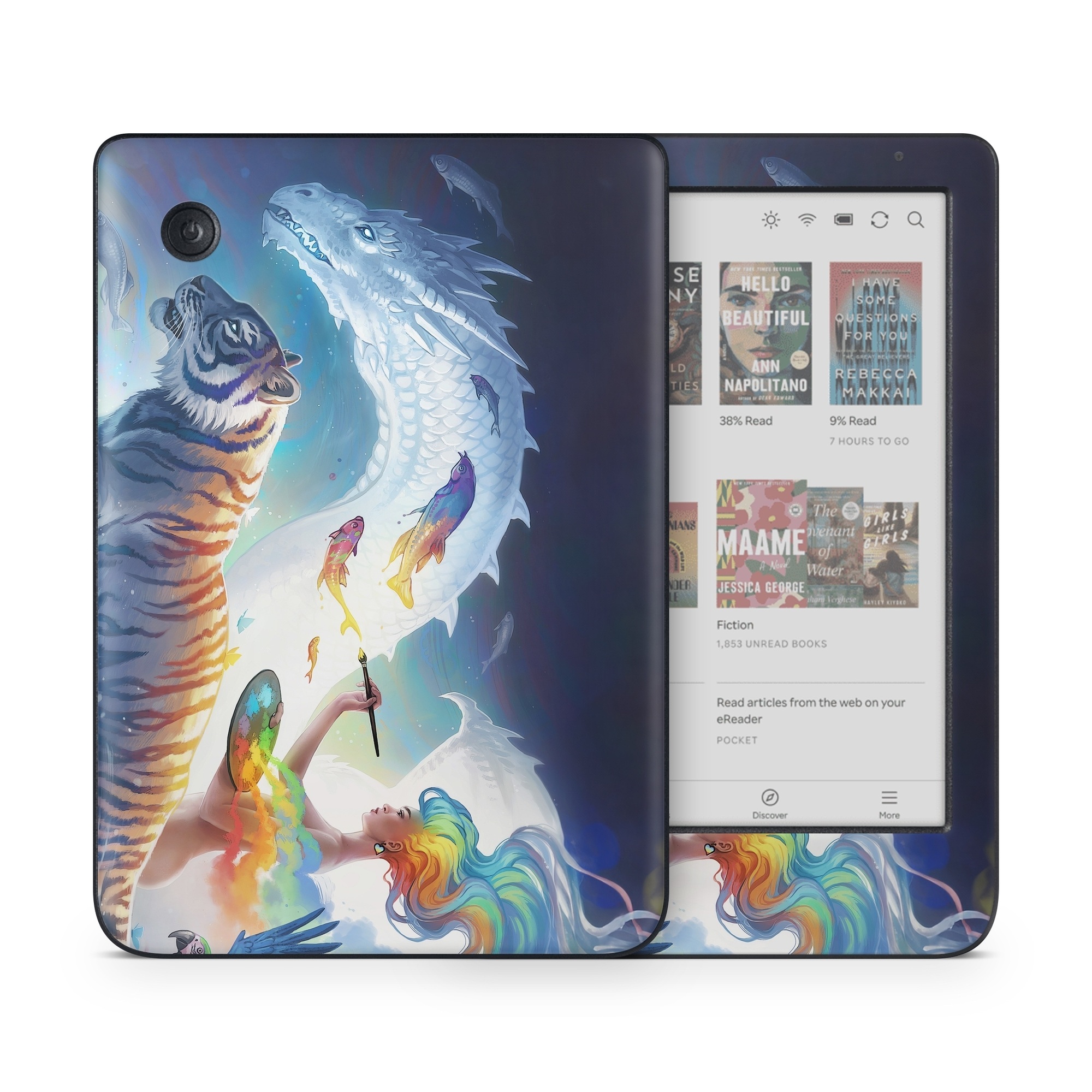 Kobo Clara Colour Skin design of Siberian tiger, Bengal tiger, Vertebrate, Tiger, Felidae, Mammal, Water, Carnivore, Art, Painting, with blue, red, yellow, orange, green, purple, black, white colors