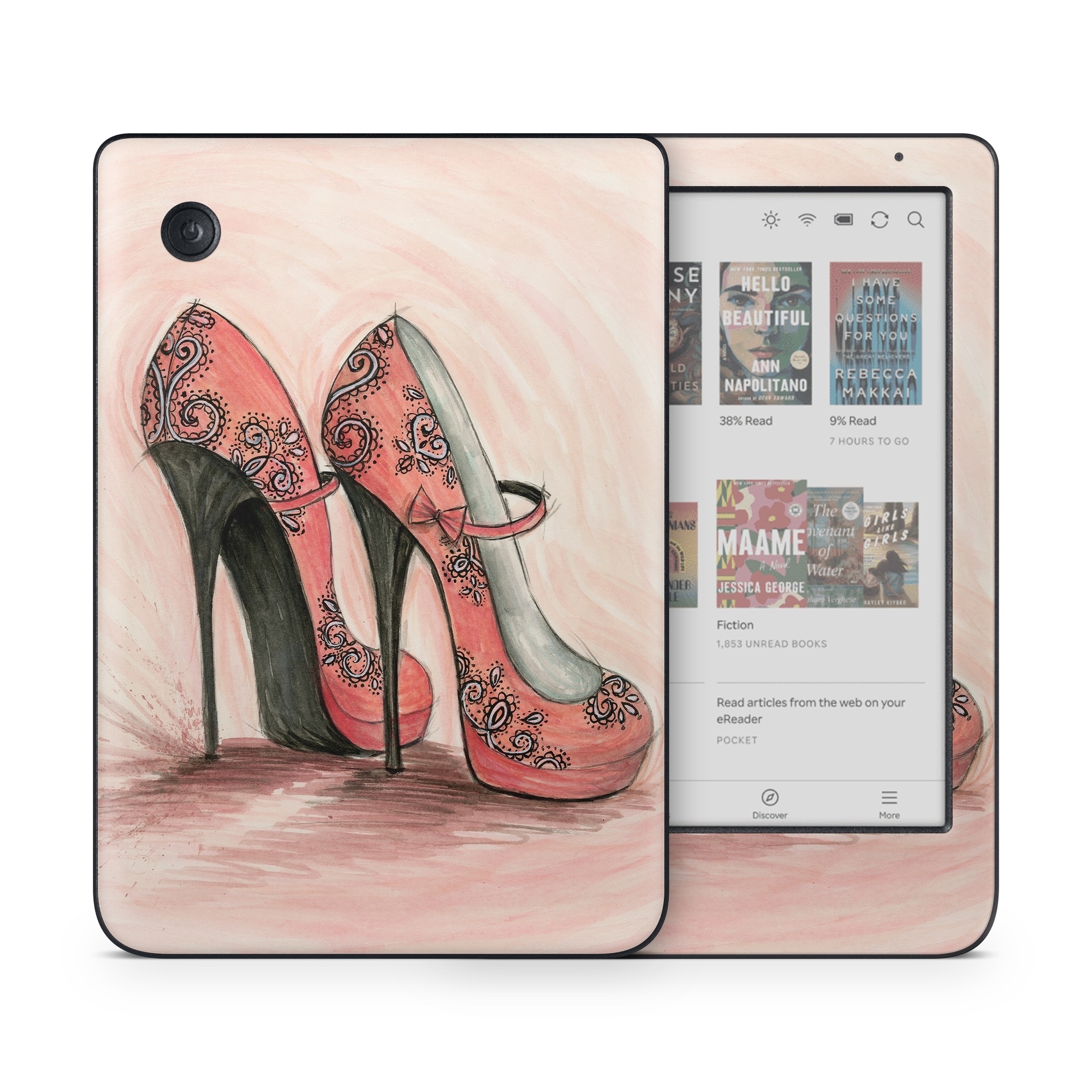 Kobo Clara Colour Skin design of Footwear, High heels, Shoe, Pink, Court shoe, Illustration, Leg, Basic pump, Peach, Painting, with pink, gray, red, white, black, green colors