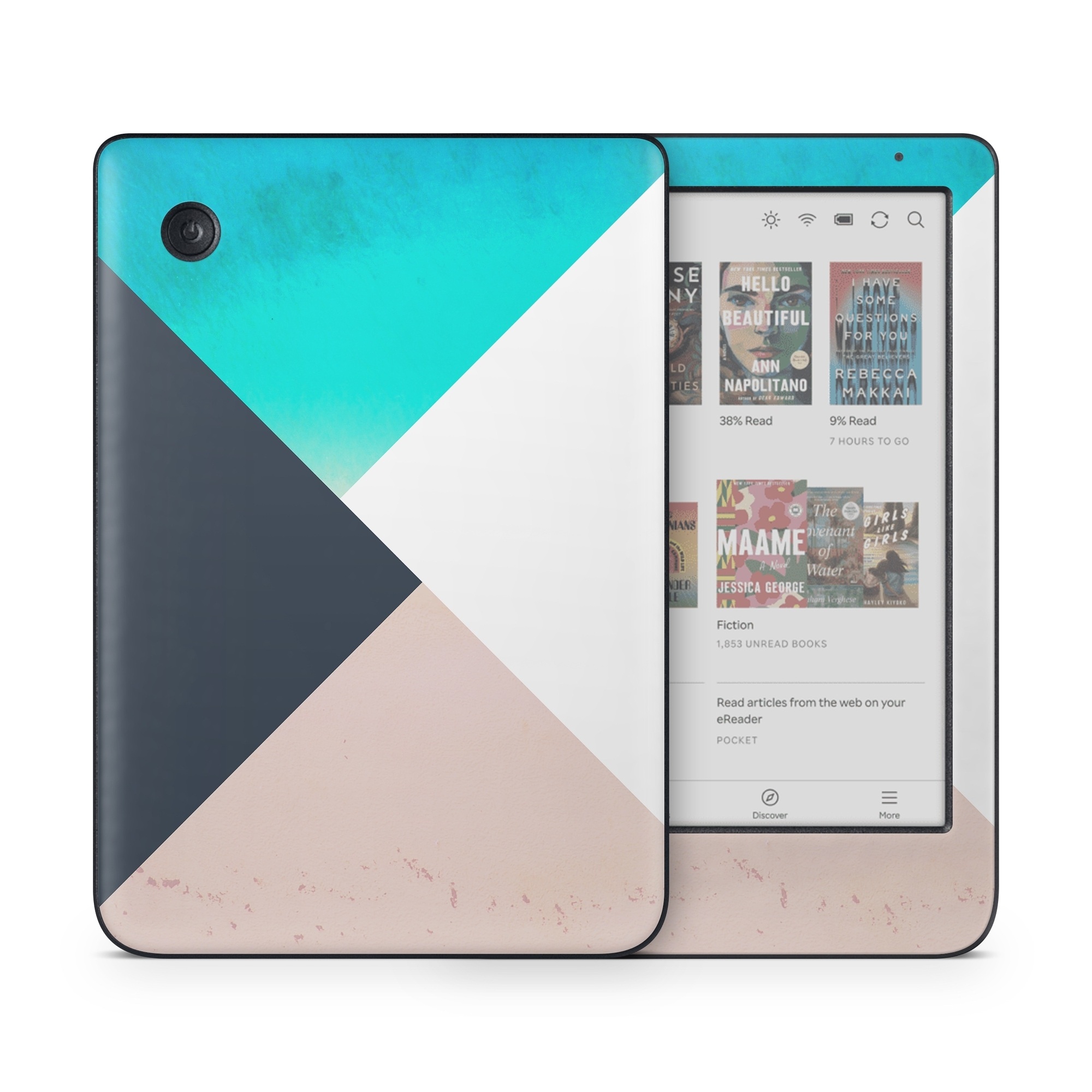 Kobo Clara Colour Skin design of Blue, Turquoise, Aqua, Line, Triangle, Design, Material property, Graphic design, Pattern, Architecture, with black, white, brown, blue colors