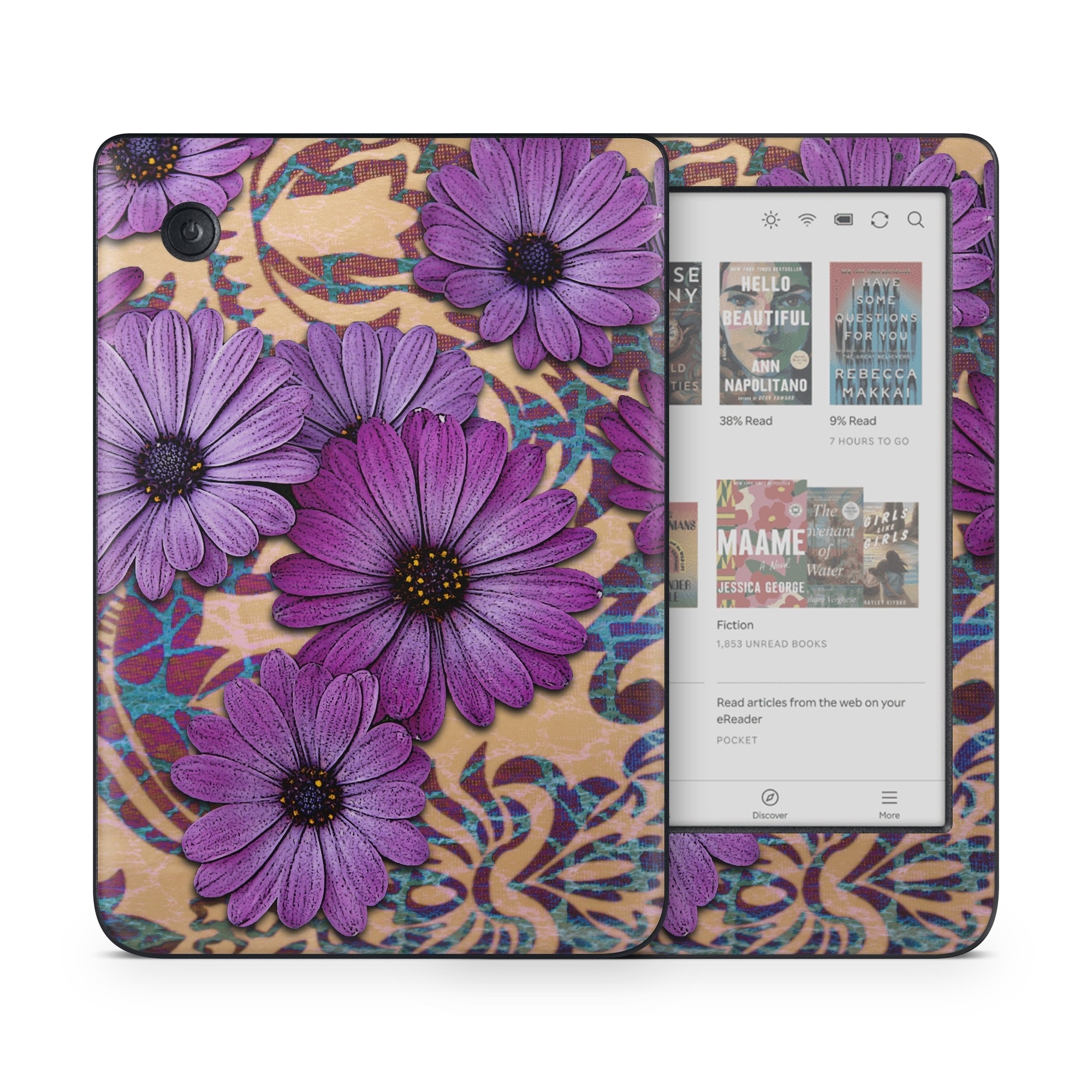 Kobo Clara Colour Skin design of Purple, Flower, Violet, Petal, Plant, african daisy, Floral design, Wildflower, Pattern, Textile, with purple, black, gray, blue, green, red colors