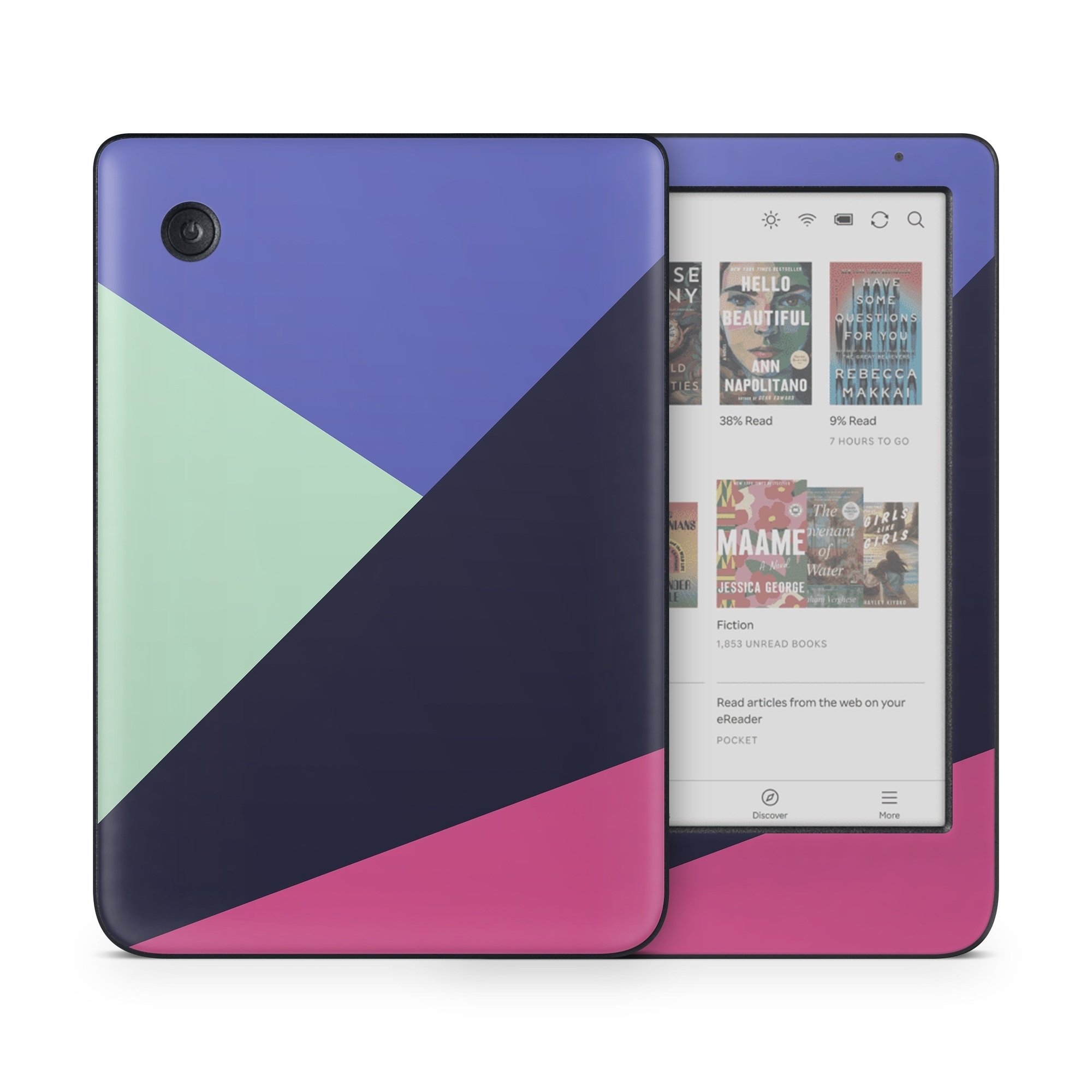 Kobo Clara Colour Skin design of Purple, Violet, Line, Magenta, Graphic design, Triangle, Pattern, Design, Material property, Font, with black, blue, green, pink colors