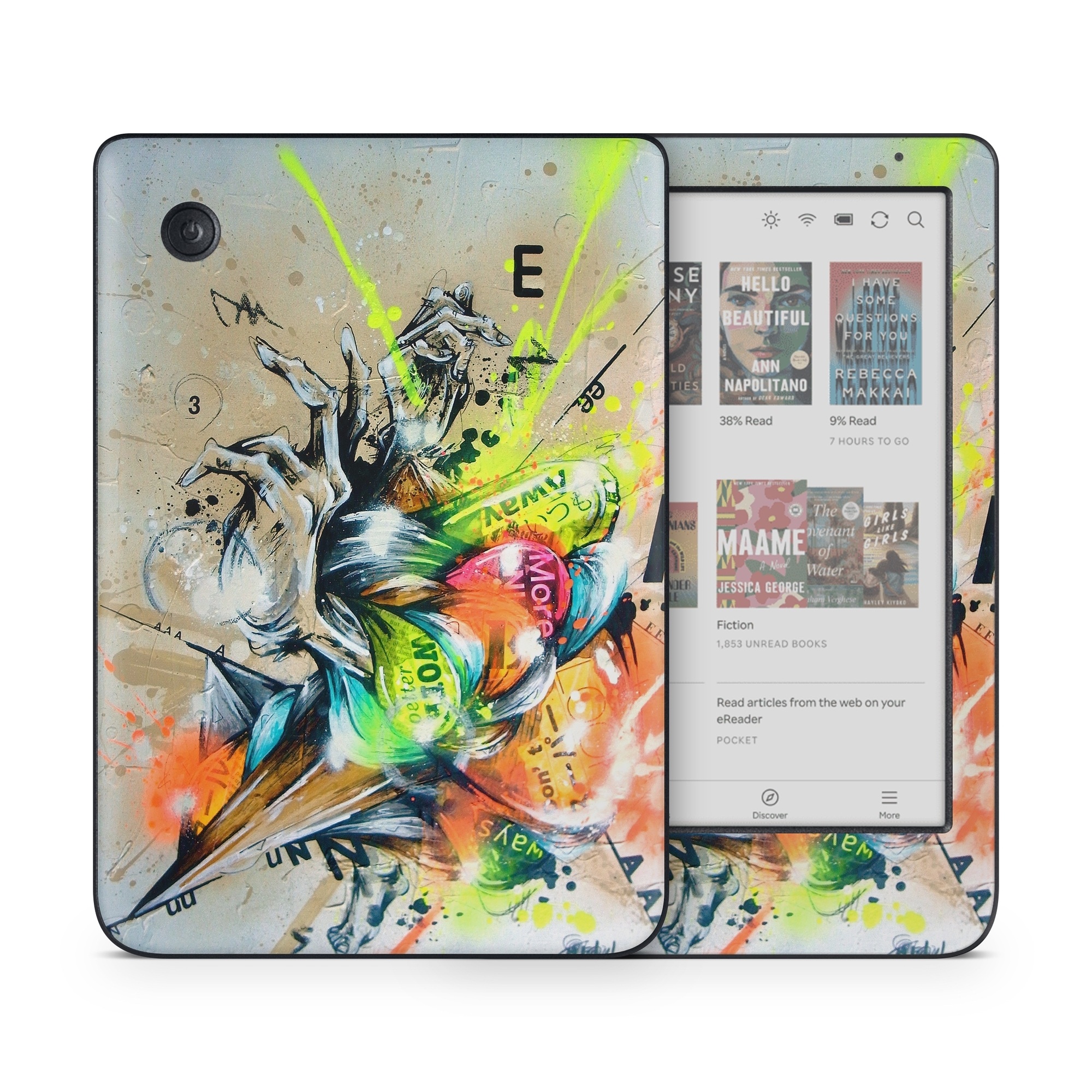 Kobo Clara Colour Skin design of Graphic design, Art, Illustration, Fictional character, Visual arts, Graphics, Painting, Watercolor paint, Modern art, Games, with gray, black, green, red, orange, pink colors