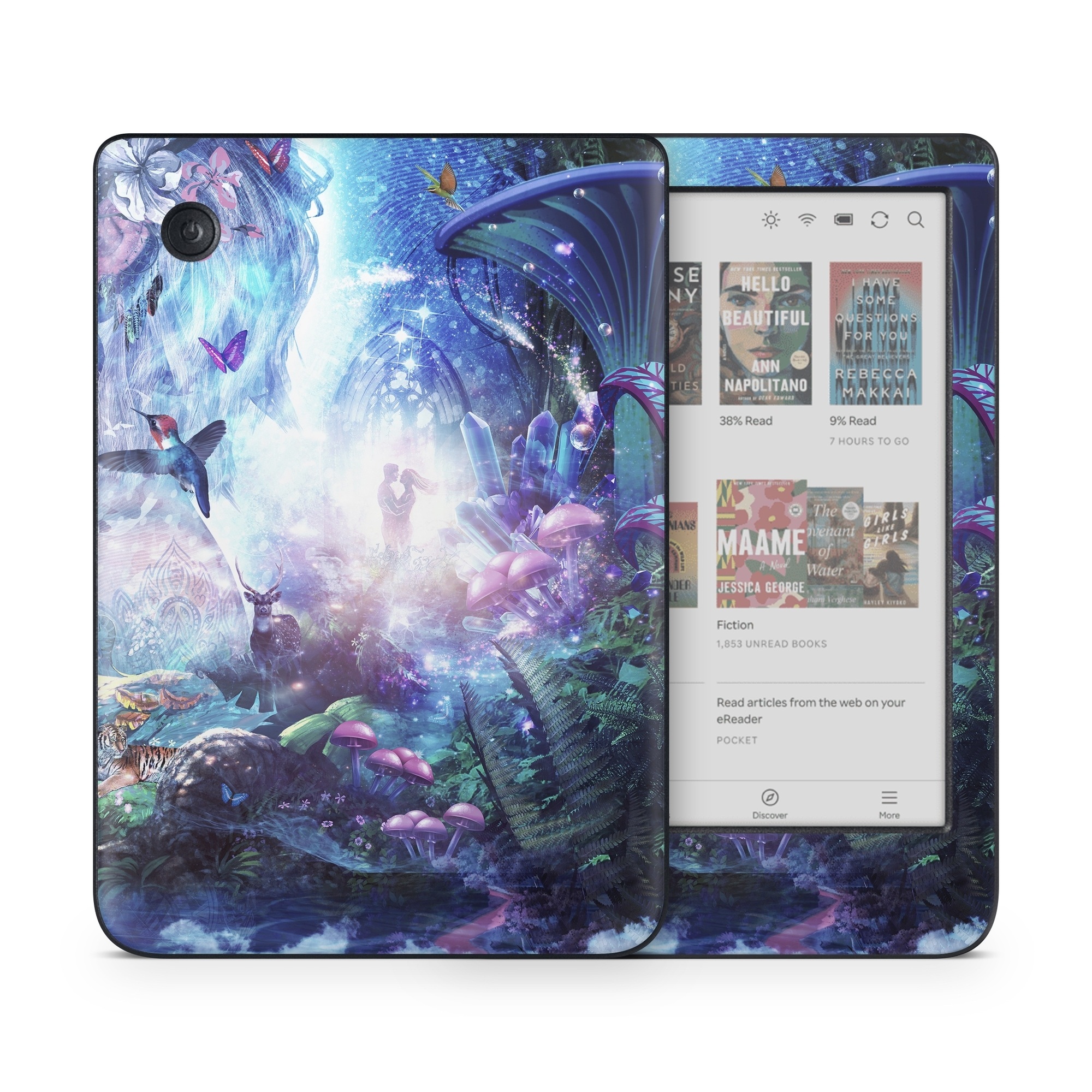 Kobo Clara Colour Skin design of Man, Woman, Fictional Character, Mythology, Bird, Wing, Mythical Creature, Deer, Tiger, Mushrooms, Butterfly, with white, blue, green, red, yellow, black, purple, gray colors