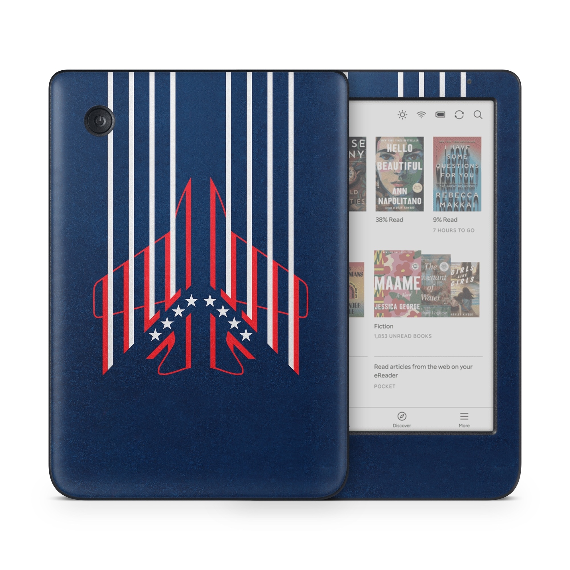 Kobo Clara Colour Skin design of Sleeve, Font, Motor vehicle, T-shirt, Emblem, Poster, Electric blue, Symmetry, Symbol, Pattern, with blue, red, white colors
