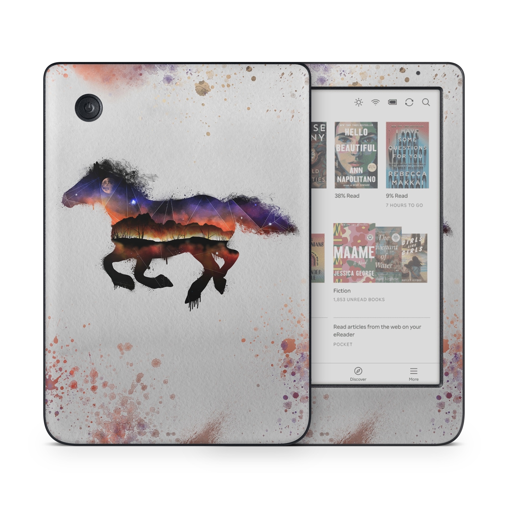 Kobo Clara Colour Skin design of Watercolor paint, Illustration, Art, Horse, Paint, Drawing, Graphic design, Painting, Visual arts, Mustang horse, with gray, white, purple, red, yellow, black, orange colors