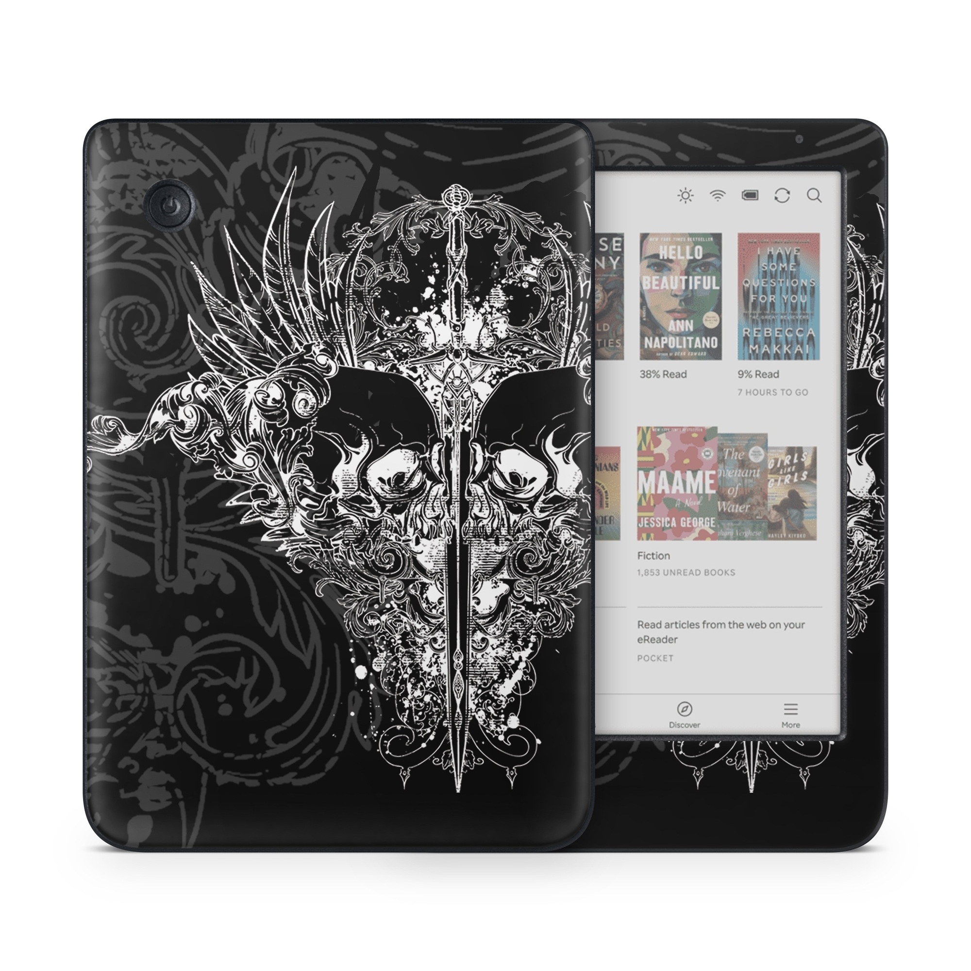 Kobo Clara Colour Skin design of Illustration, Art, Design, Monochrome, Graphic design, Pattern, Fictional character, Skull, Black-and-white, Graphics, with black, gray colors