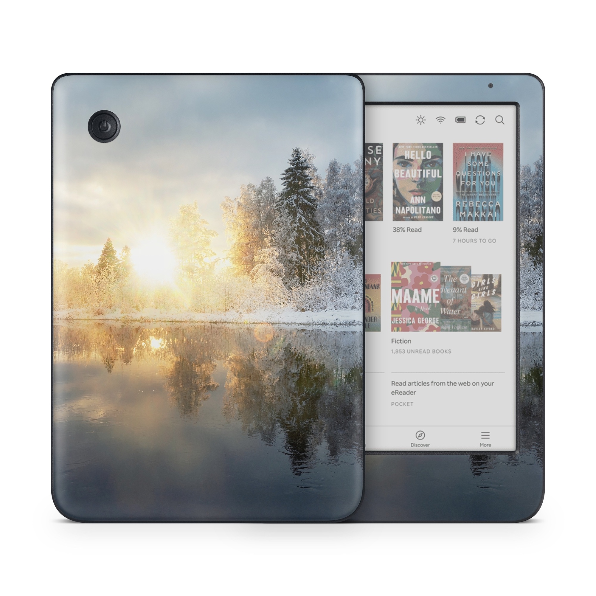 Kobo Clara Colour Skin design of Cloud, Water, Sky, Water resources, Atmosphere, Plant, Natural landscape, Branch, Tree, Freezing, with blue, black, yellow, orange, white colors