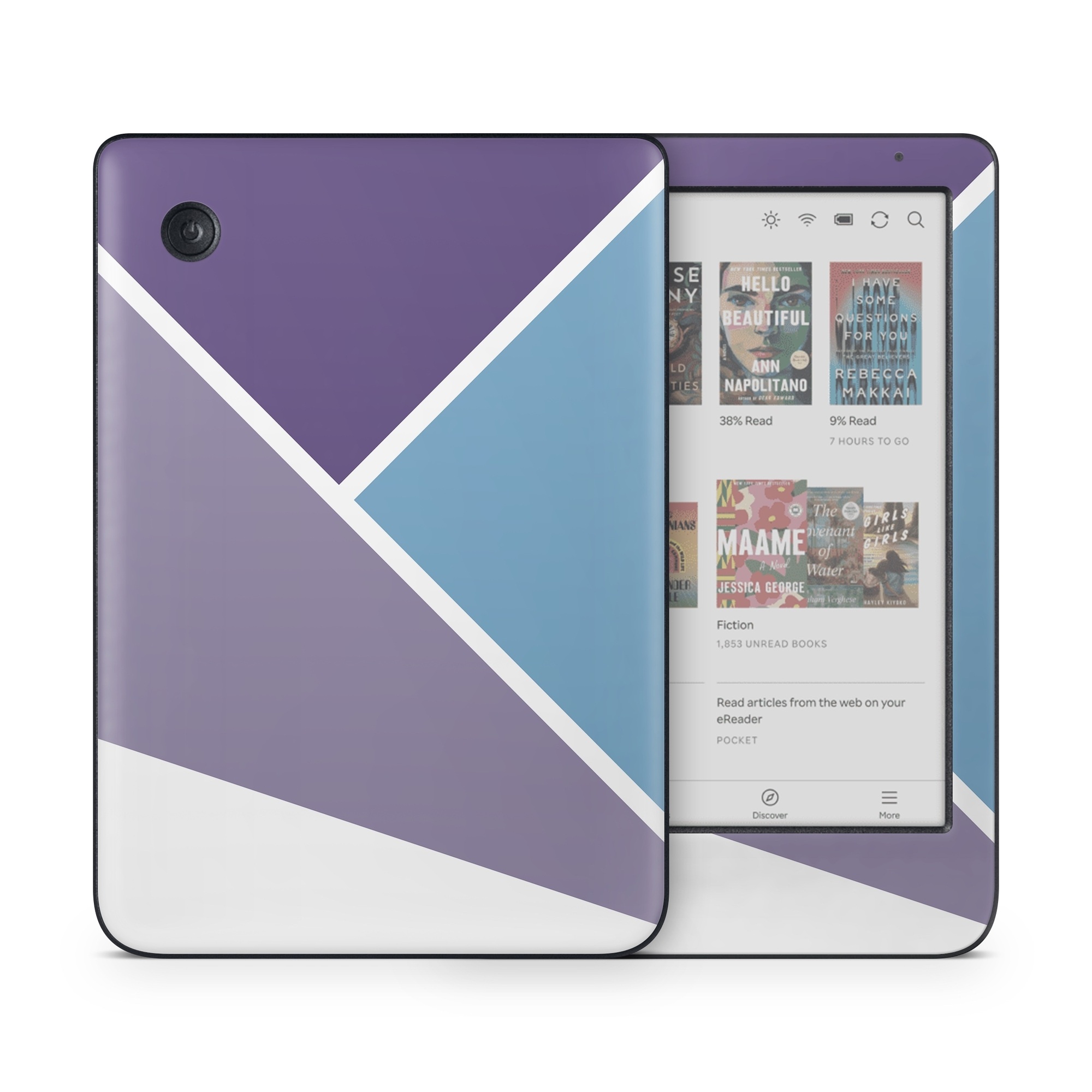 Kobo Clara Colour Skin design of Violet, Purple, Turquoise, Line, Pattern, Design, Graphic design, Font, Triangle, Magenta, with white, blue, purple colors