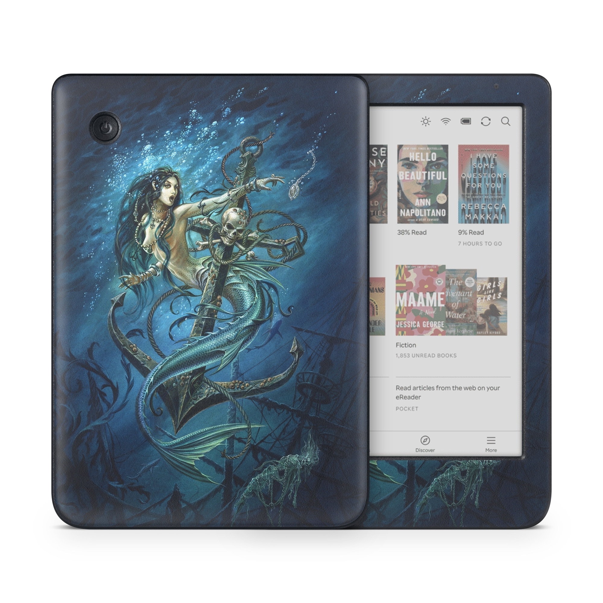 Kobo Clara Colour Skin design of Mermaid, Cg artwork, Illustration, Fictional character, Art, Mythology, Mythical creature, Graphic design, with blue, green, white, black colors