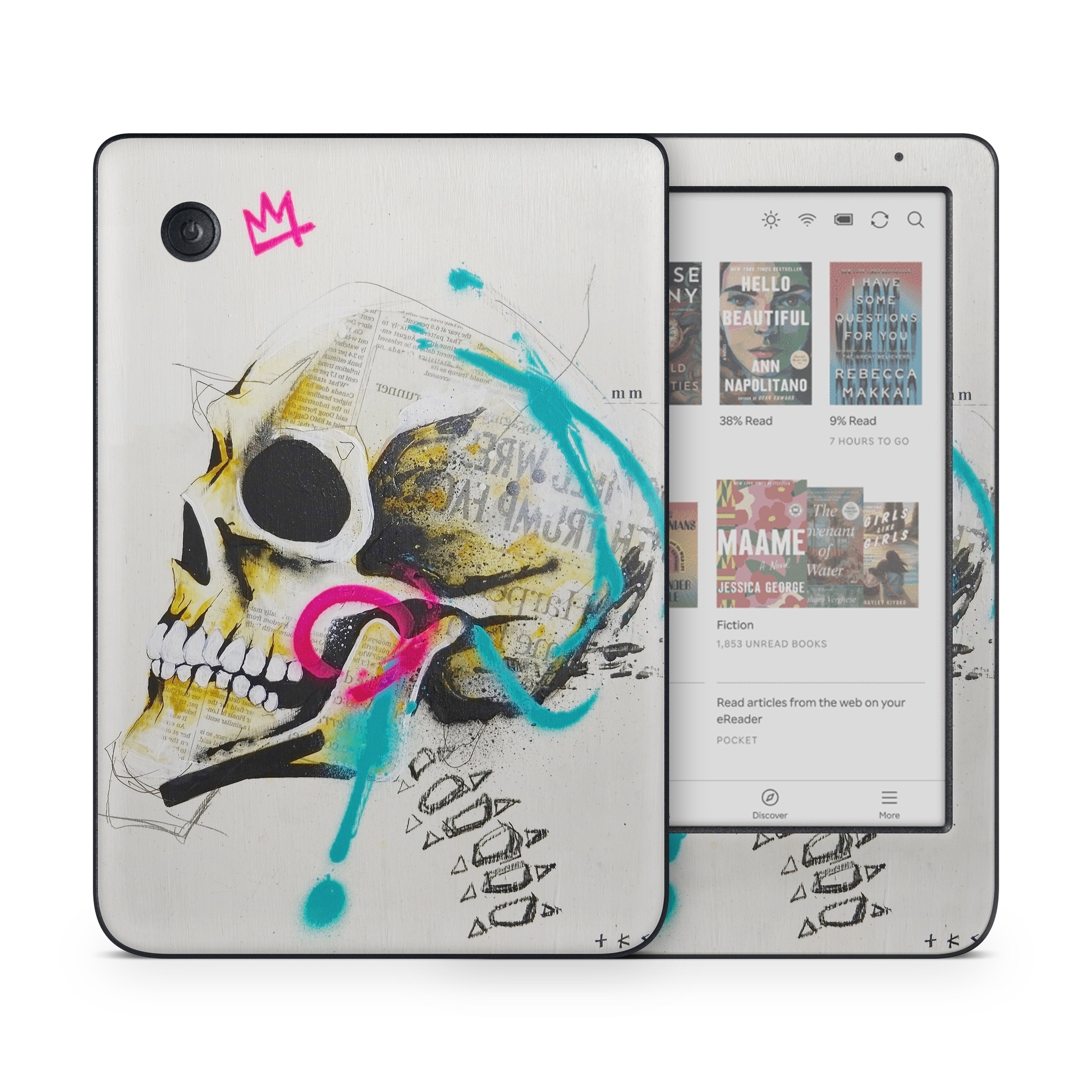 Kobo Clara Colour Skin design of Graphic design, Skull, Illustration, Art, Bone, Drawing, Visual arts, Font, Modern art, Street art, with blue, pink, yellow, black colors