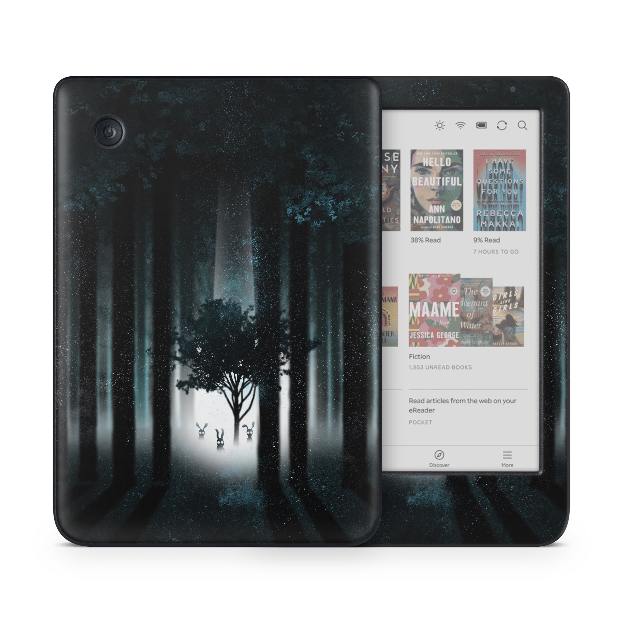 Kobo Clara Colour Skin design of Darkness, Black, Nature, Tree, Natural environment, Forest, Atmosphere, Atmospheric phenomenon, Light, Natural landscape, with black, blue, white colors
