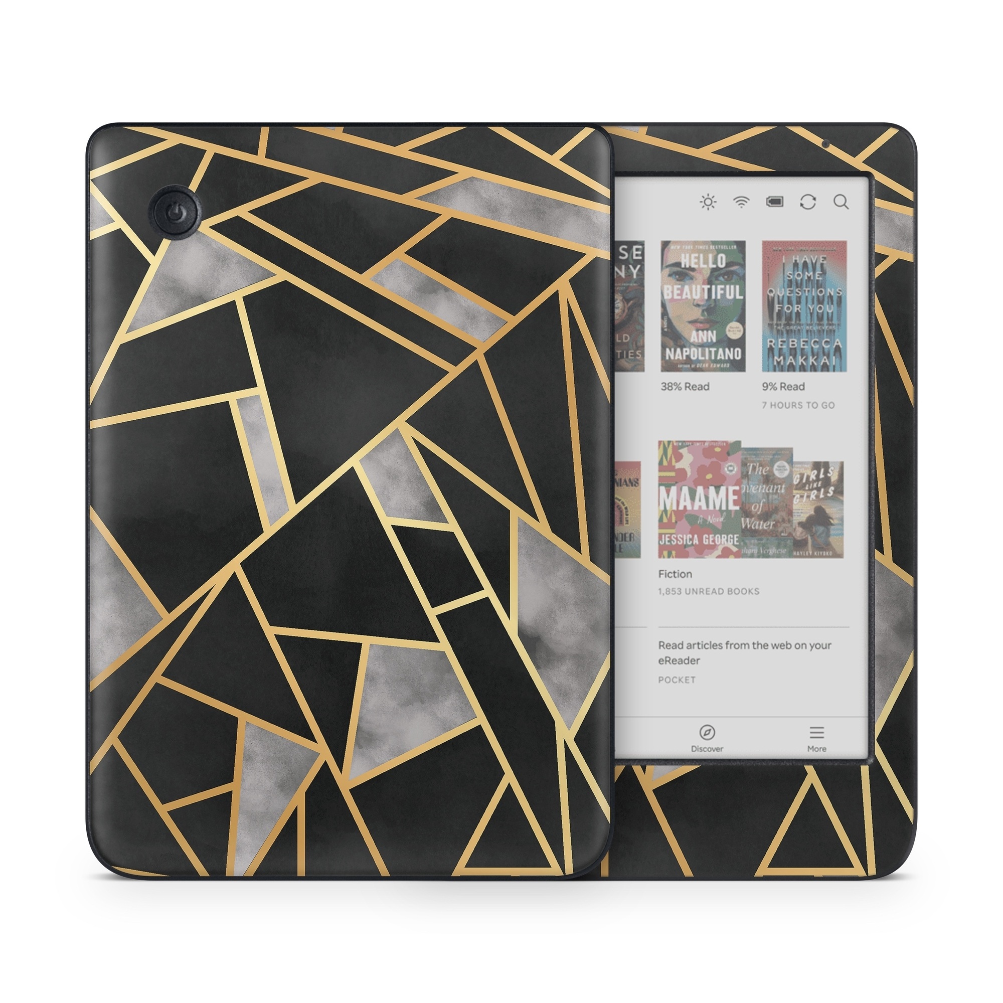 Kobo Clara Colour Skin design of Pattern, Triangle, Yellow, Line, Tile, Floor, Design, Symmetry, Architecture, Flooring, with black, gray, yellow colors