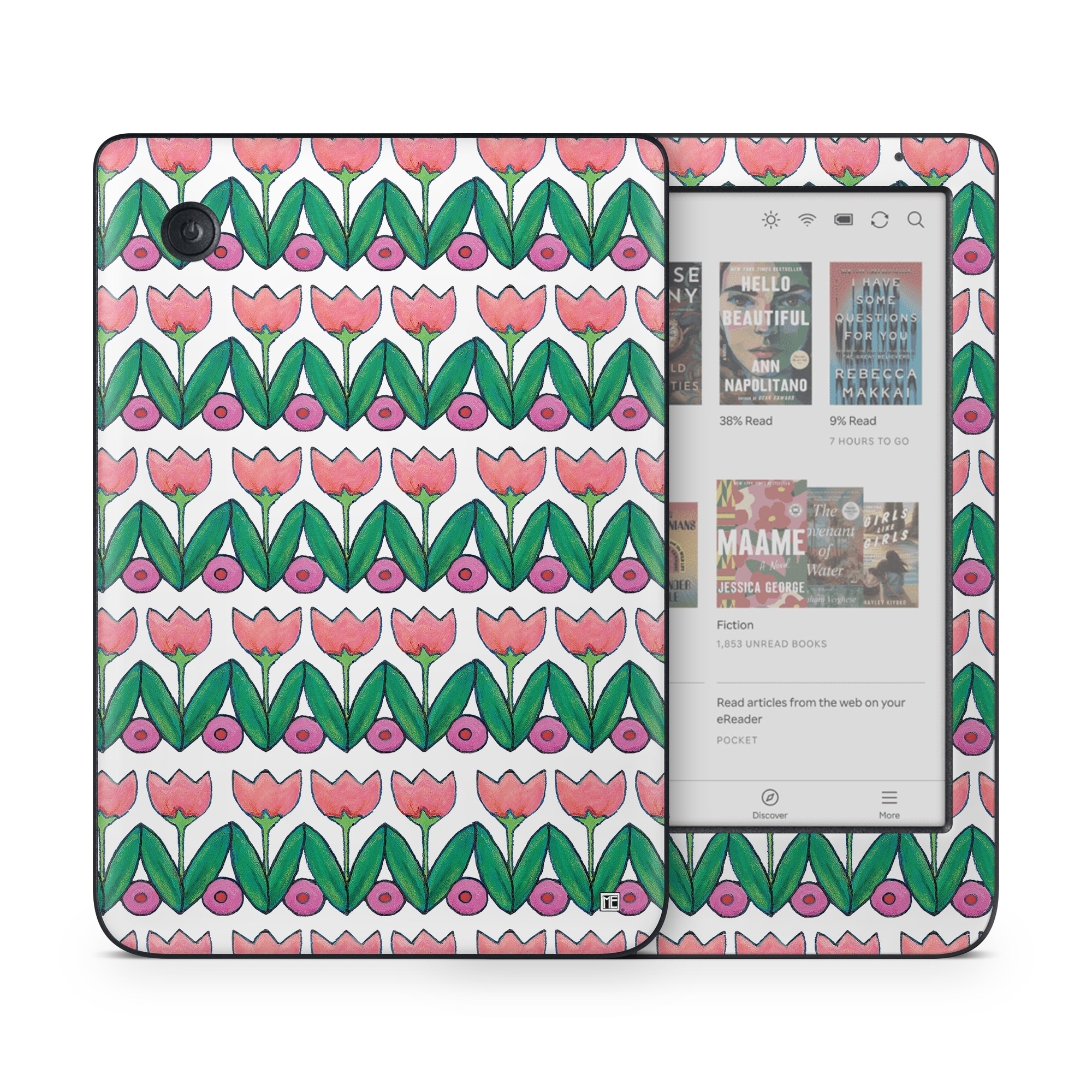Kobo Clara Colour Skin design of Green, Rectangle, Textile, Botany, Line, Symmetry, Art, Font, Pattern, Magenta, with white, green, pink, purple colors