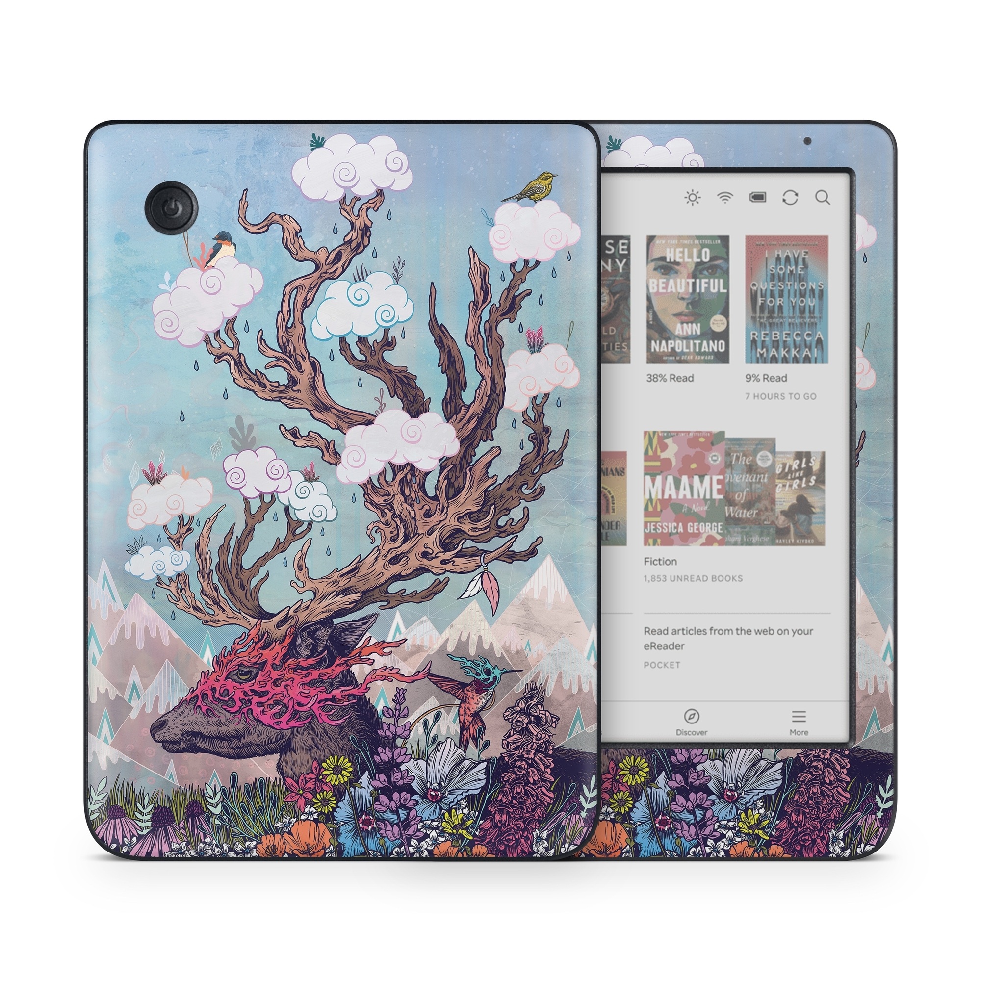 Kobo Clara Colour Skin design of Illustration, Tree, Watercolor paint, Painting, Art, Plant, Acrylic paint, Fictional character, Flower, Blossom, with gray, black, red, purple, blue colors