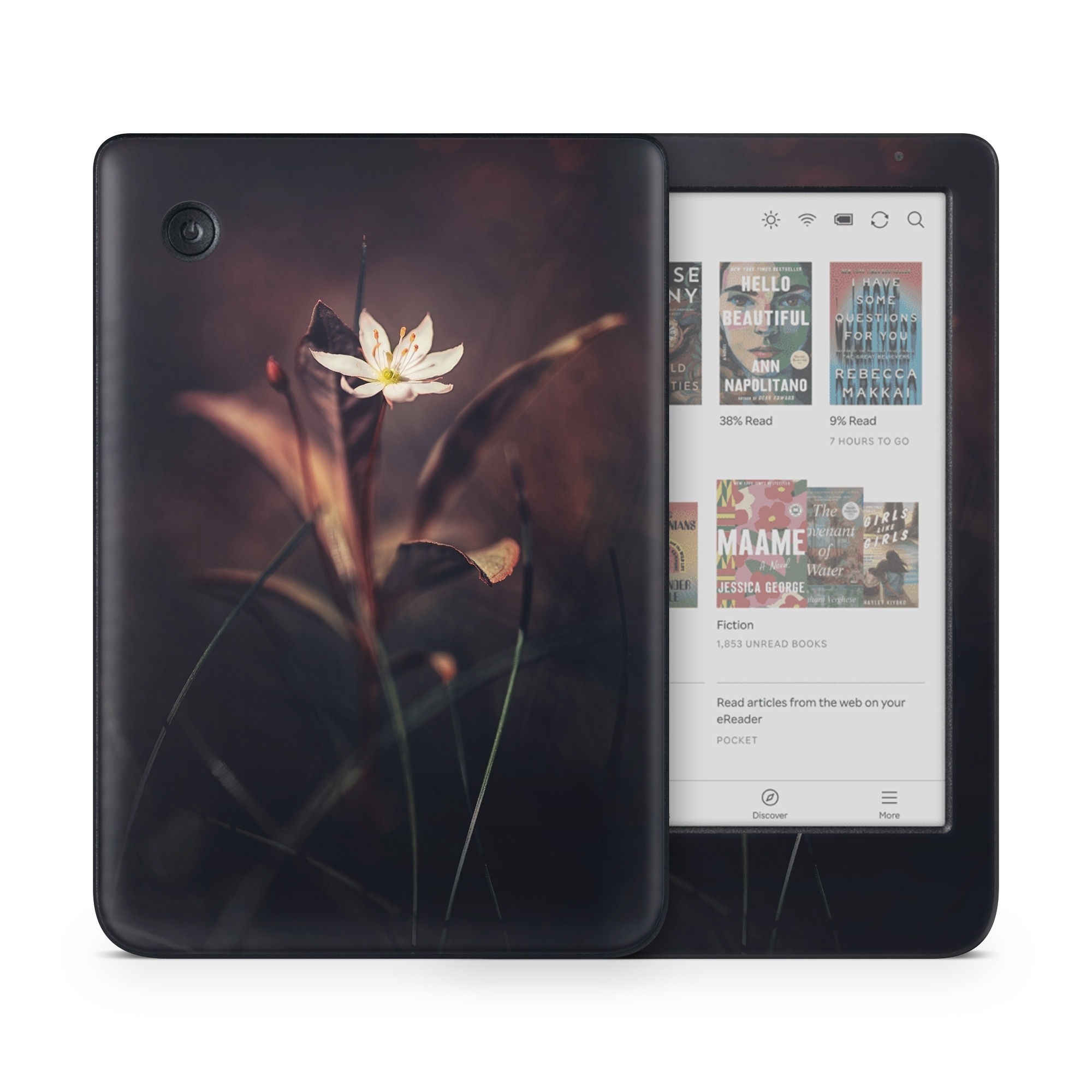 Kobo Clara Colour Skin design of Flower, Yellow, Light, Plant, Sky, Still life photography, Wildflower, Petal, Darkness, Spring, with black, red colors