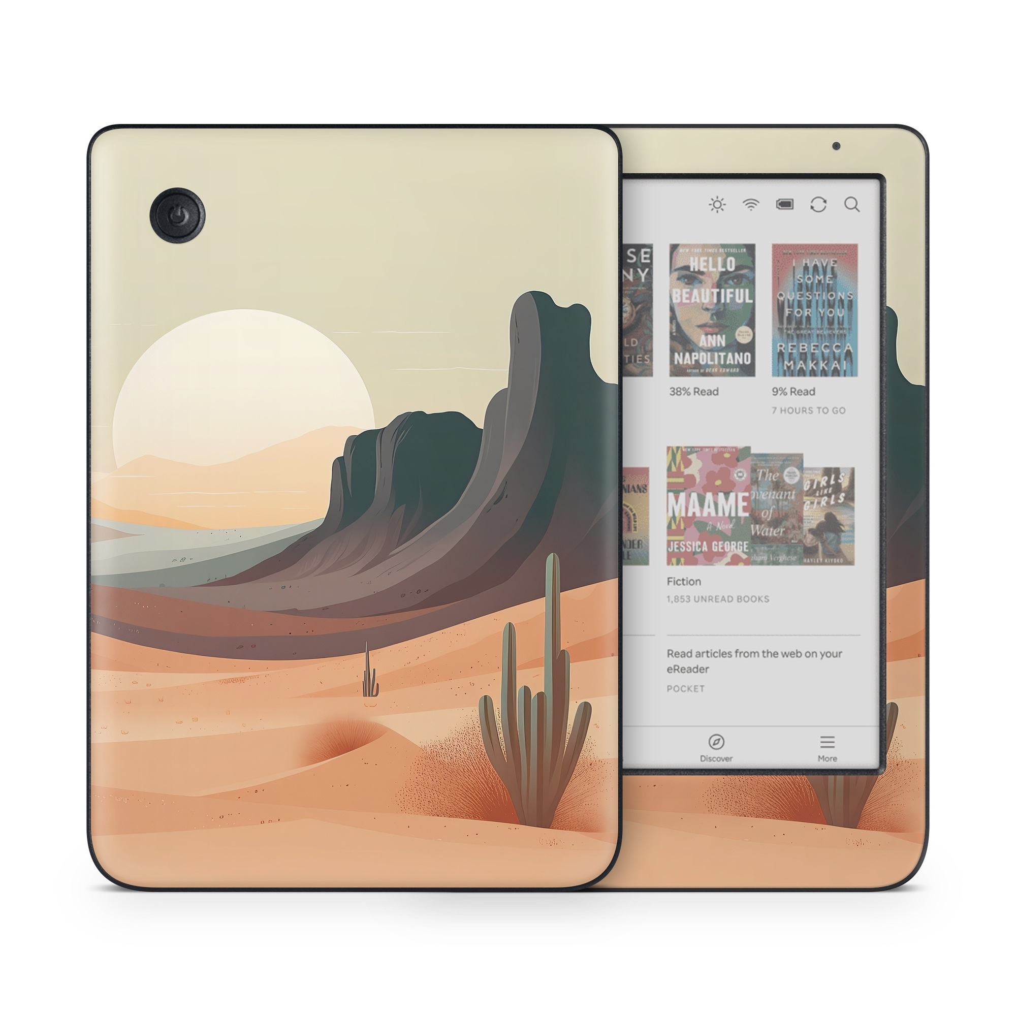 Kobo Clara Colour Skin design of Sky, Light, Nature, Natural landscape, Art, Landscape, Moon, Mountainous landforms, Formation, Erg, with orange, yellow, brown, green, white, black colors