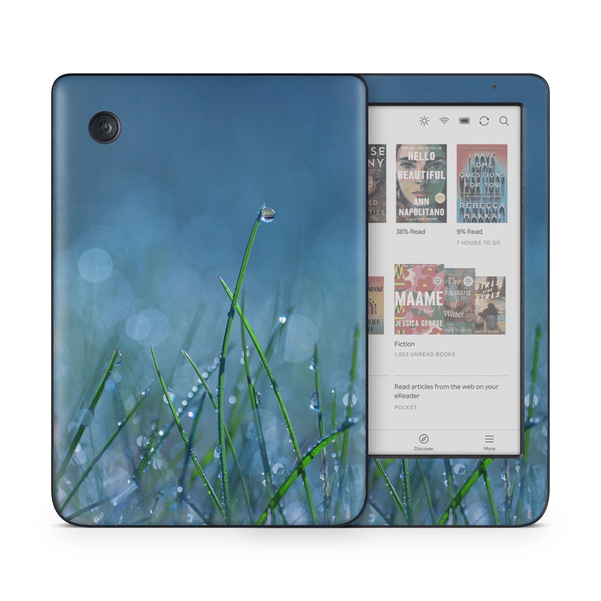 Kobo Clara Colour Skin design of Moisture, Dew, Water, Green, Grass, Plant, Drop, Grass family, Macro photography, Close-up, with blue, black, green, gray colors