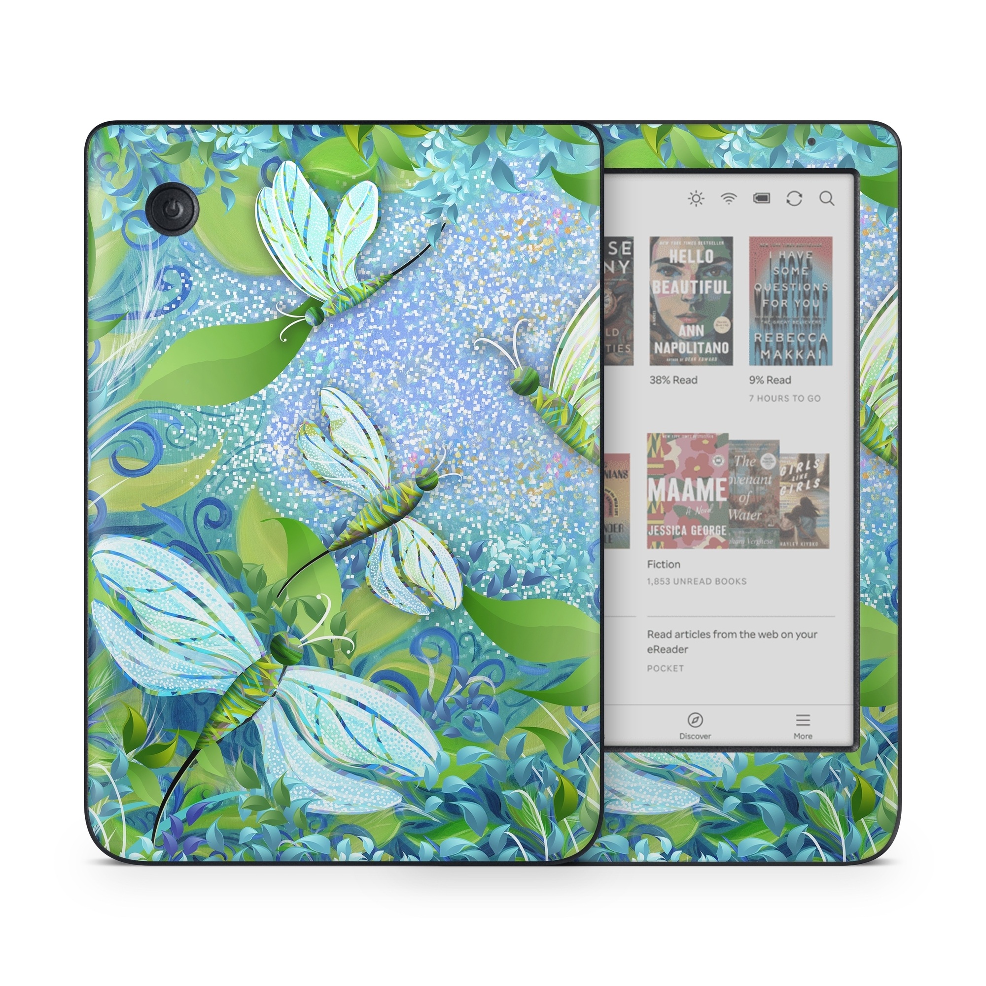Kobo Clara Colour Skin design of Green, Blue, Leaf, Plant, Pattern, Tree, Design, Organism, Branch, Flower, with gray, blue, green, purple colors