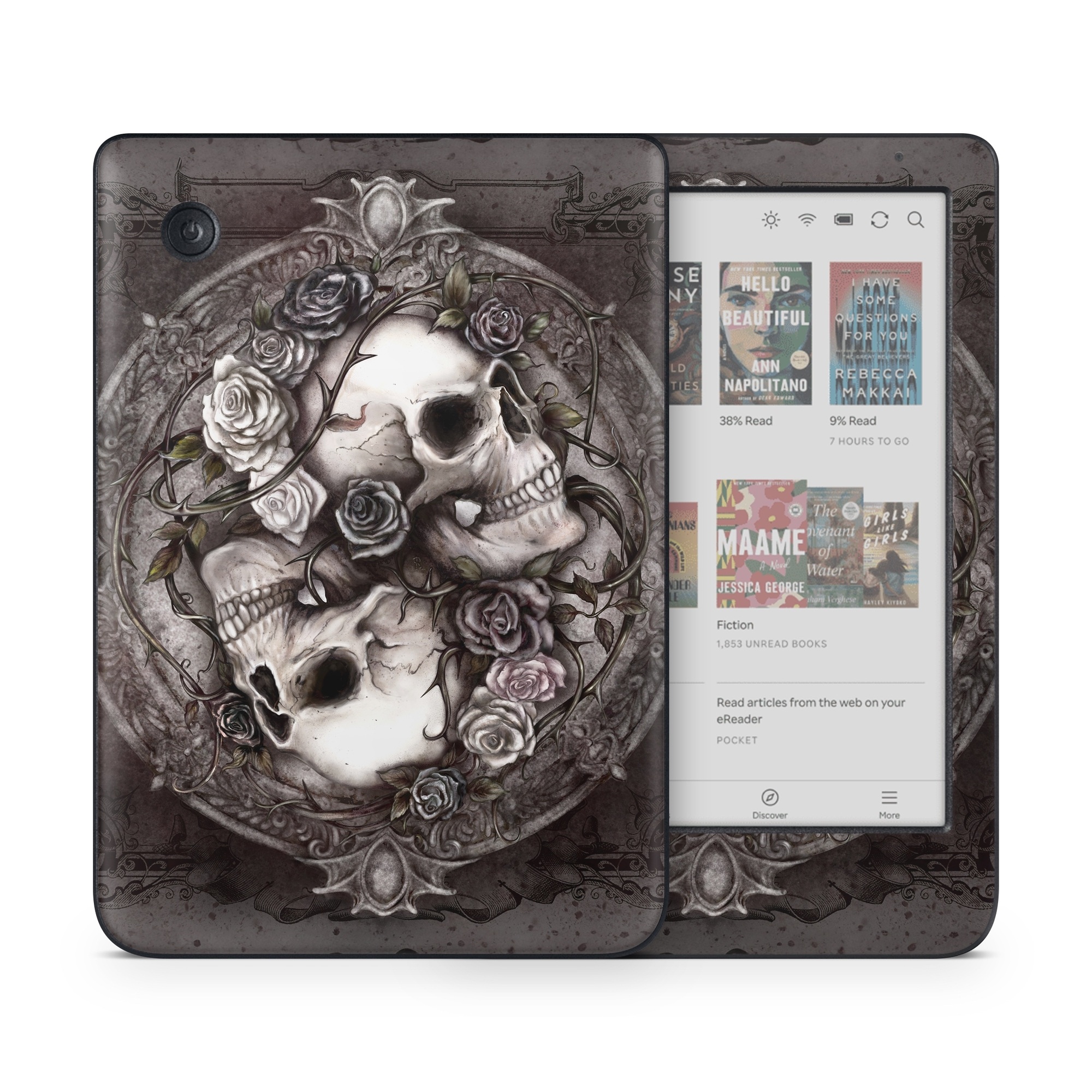 Kobo Clara Colour Skin design of Skull, Bone, Illustration, Font, Still life photography, Photography, Still life, Art, Monochrome, Circle, with black, white, brown, pink colors