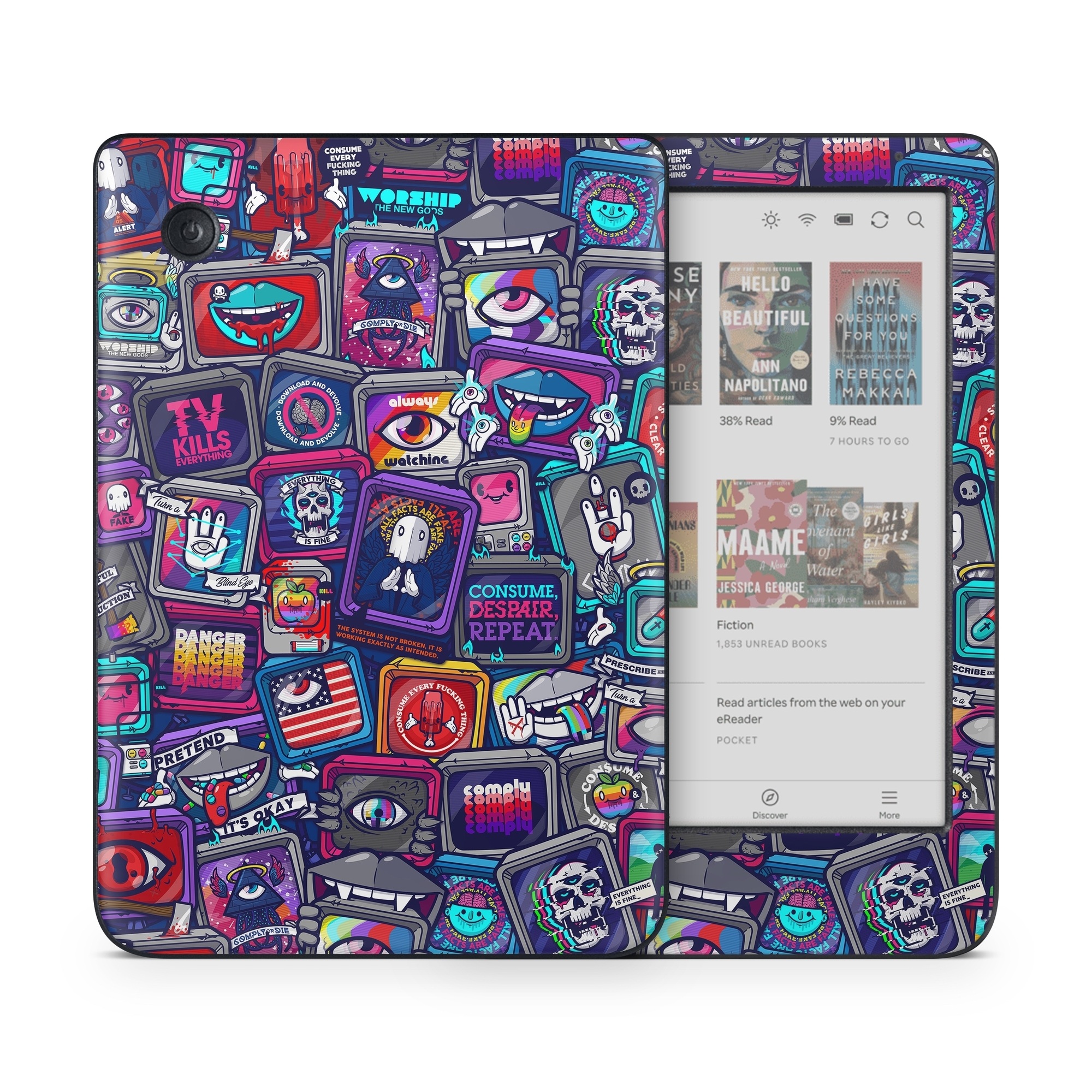 Kobo Clara Colour Skin design of Pattern, Font, Art, Visual arts, Collection, with red, blue, black, gray, purple, yellow, white, green colors