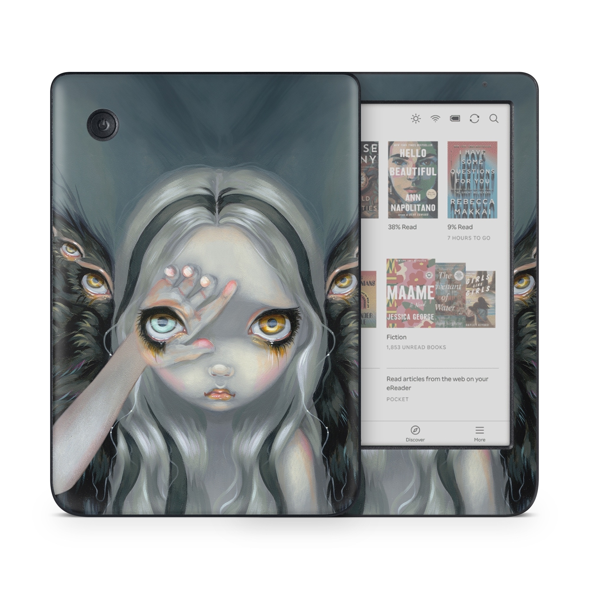 Kobo Clara Colour Skin design of Face, Head, Cg artwork, Eye, Illustration, Organ, Fictional character, Art, Iris, Darkness, with black, gray, blue, green colors