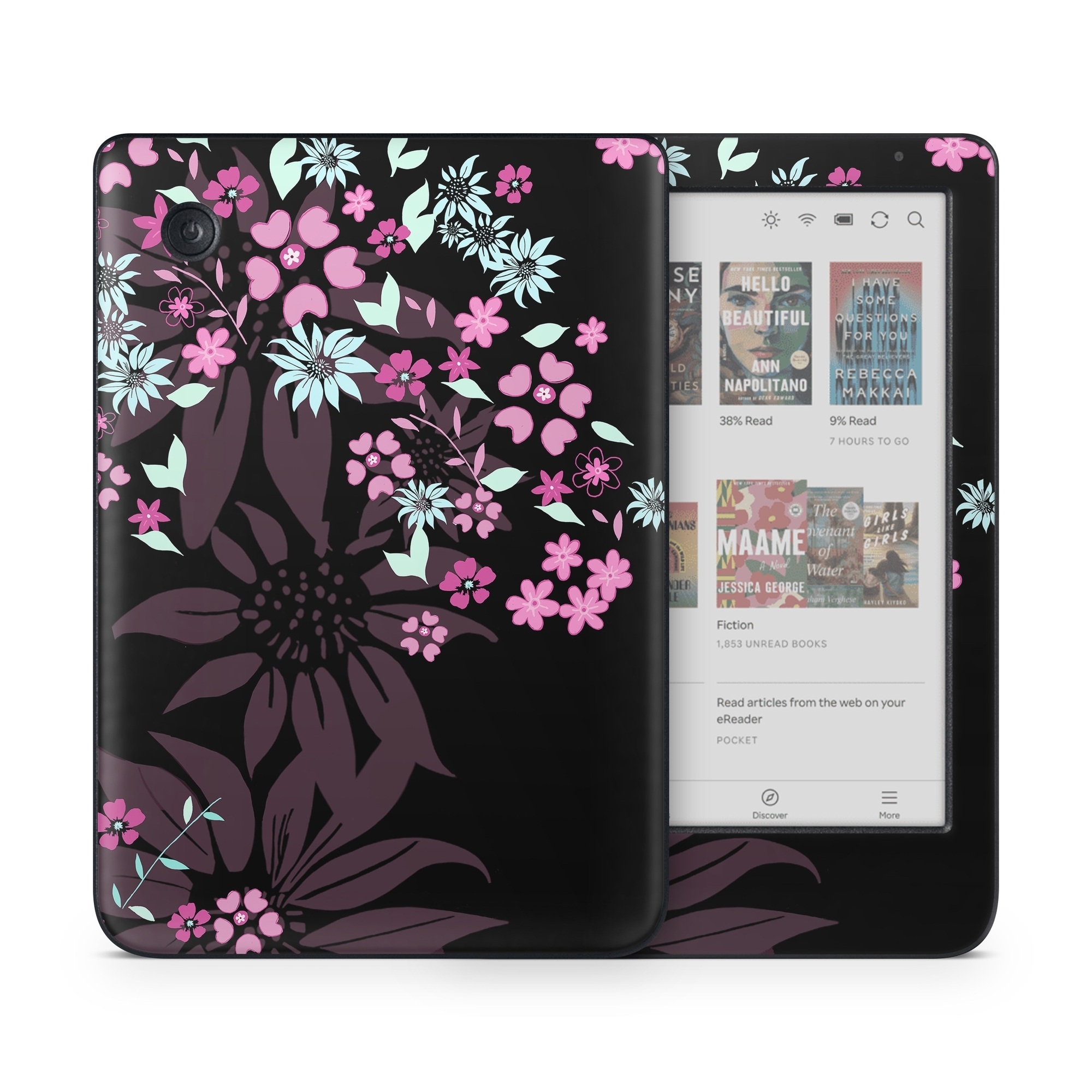 Kobo Clara Colour Skin design of Pink, Pattern, Flower, Plant, Botany, Petal, Floral design, Design, Pedicel, Graphic design, with black, gray, purple, green, red, pink colors