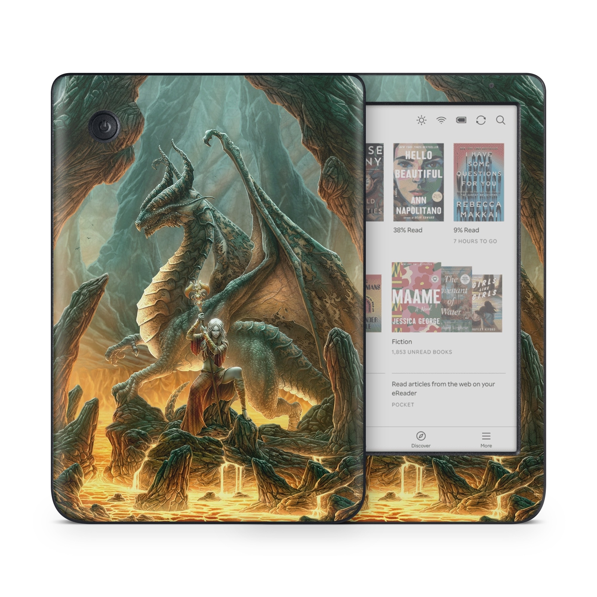 Kobo Clara Colour Skin design of Dragon, Cg artwork, Mythology, Fictional character, Mythical creature, Art, Illustration, Cryptid, Sculpture, Demon, with black, green, red, gray, blue colors