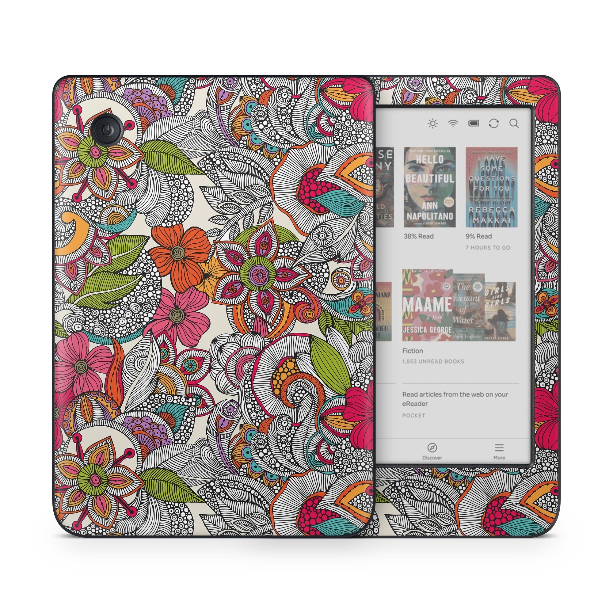 Kobo Clara Colour Skin design of Pattern, Drawing, Visual arts, Art, Design, Doodle, Floral design, Motif, Illustration, Textile, with gray, red, black, green, purple, blue colors